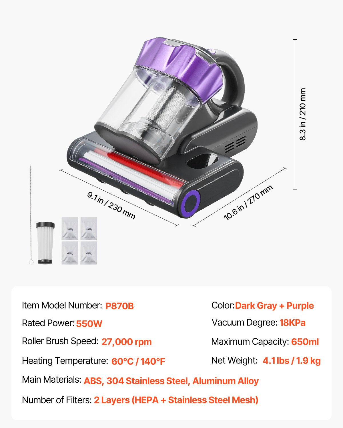 Powerful 550W Mattress Vacuum Cleaner with 18Kpa Suction, HEPA Filter, Heating, Ultrasound & LED for Bed, Sofa, Deep Cleaning