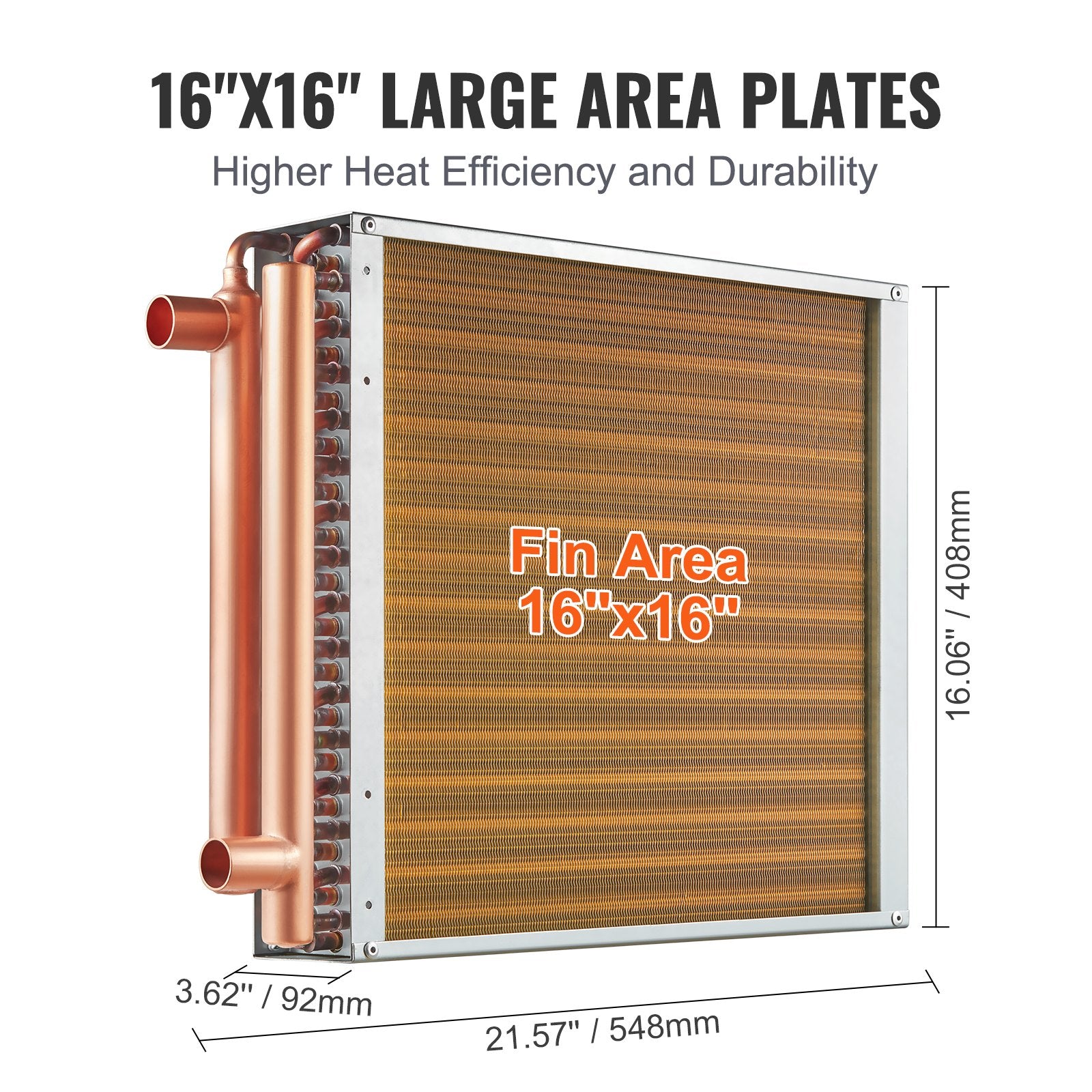 High-Efficiency 16"x16" Water-to-Air Heat Exchanger with 3-Row Copper Ports & 193 Aluminum Fins for Wood Furnaces & HVAC Systems