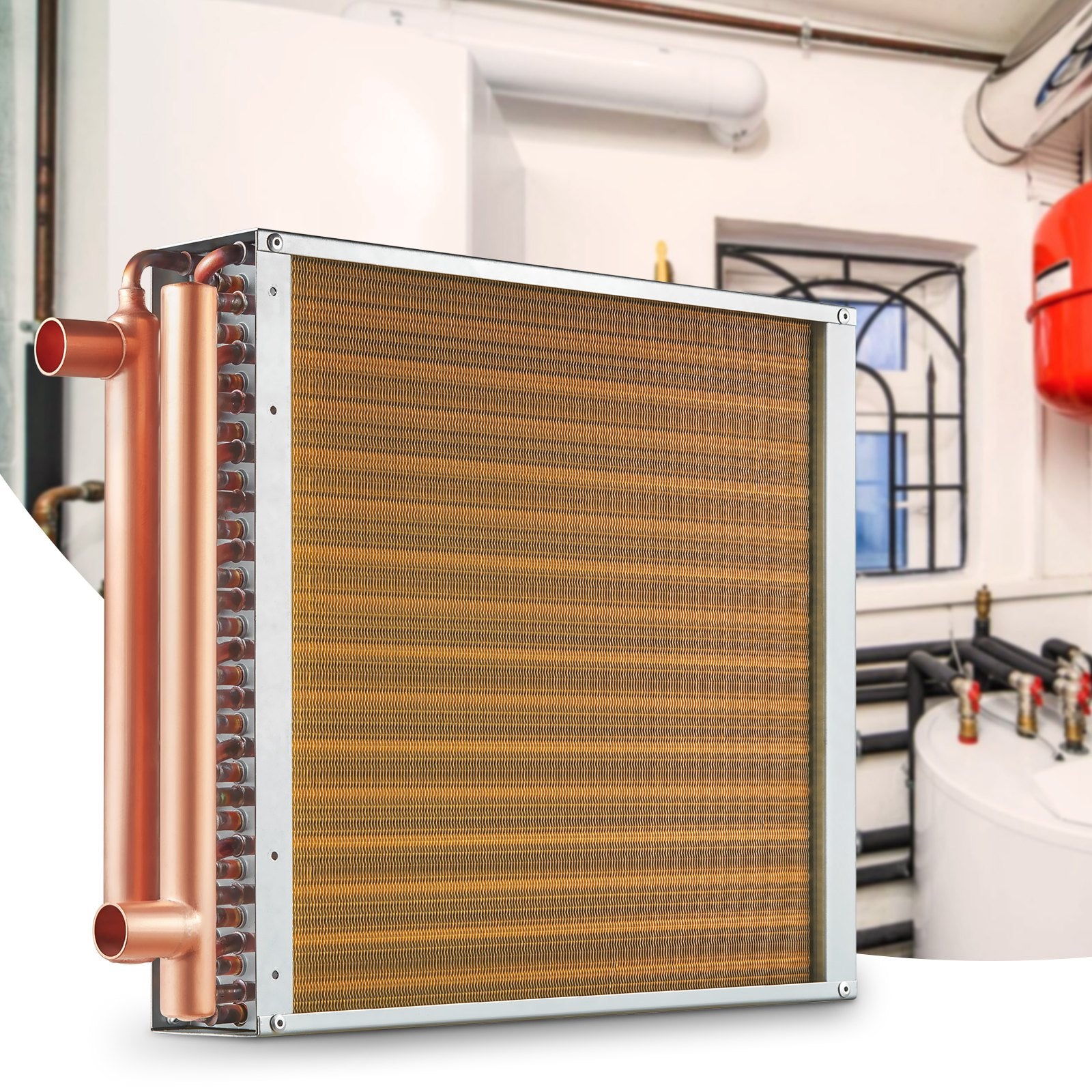 High-Efficiency 16"x16" Water-to-Air Heat Exchanger with 3-Row Copper Ports & 193 Aluminum Fins for Wood Furnaces & HVAC Systems