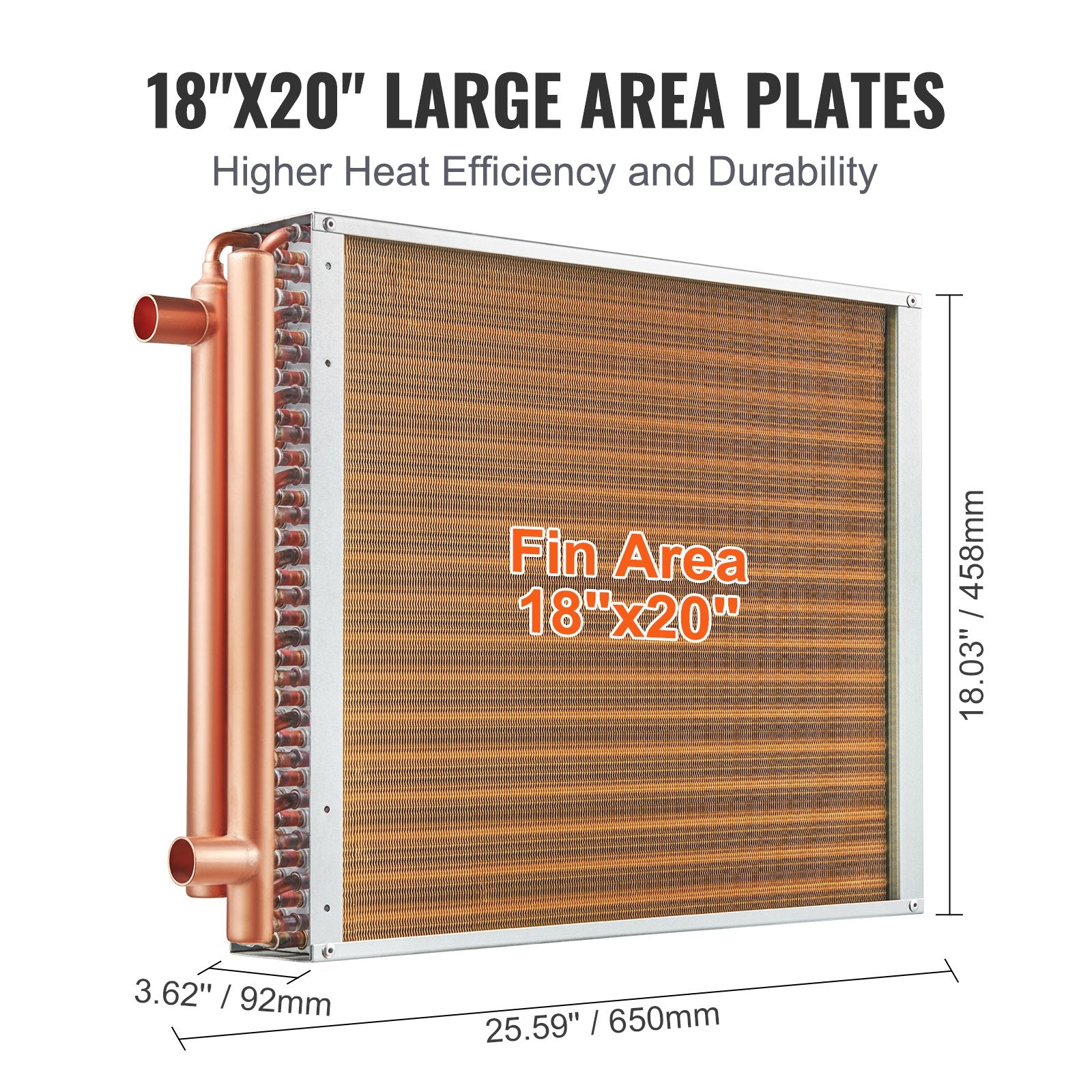 High-Efficiency 18"x20" Water to Air Heat Exchanger with 3-Row Copper Ports and 242 Aluminum Fins for Wood Furnaces, HVAC Systems, Residential Cooling