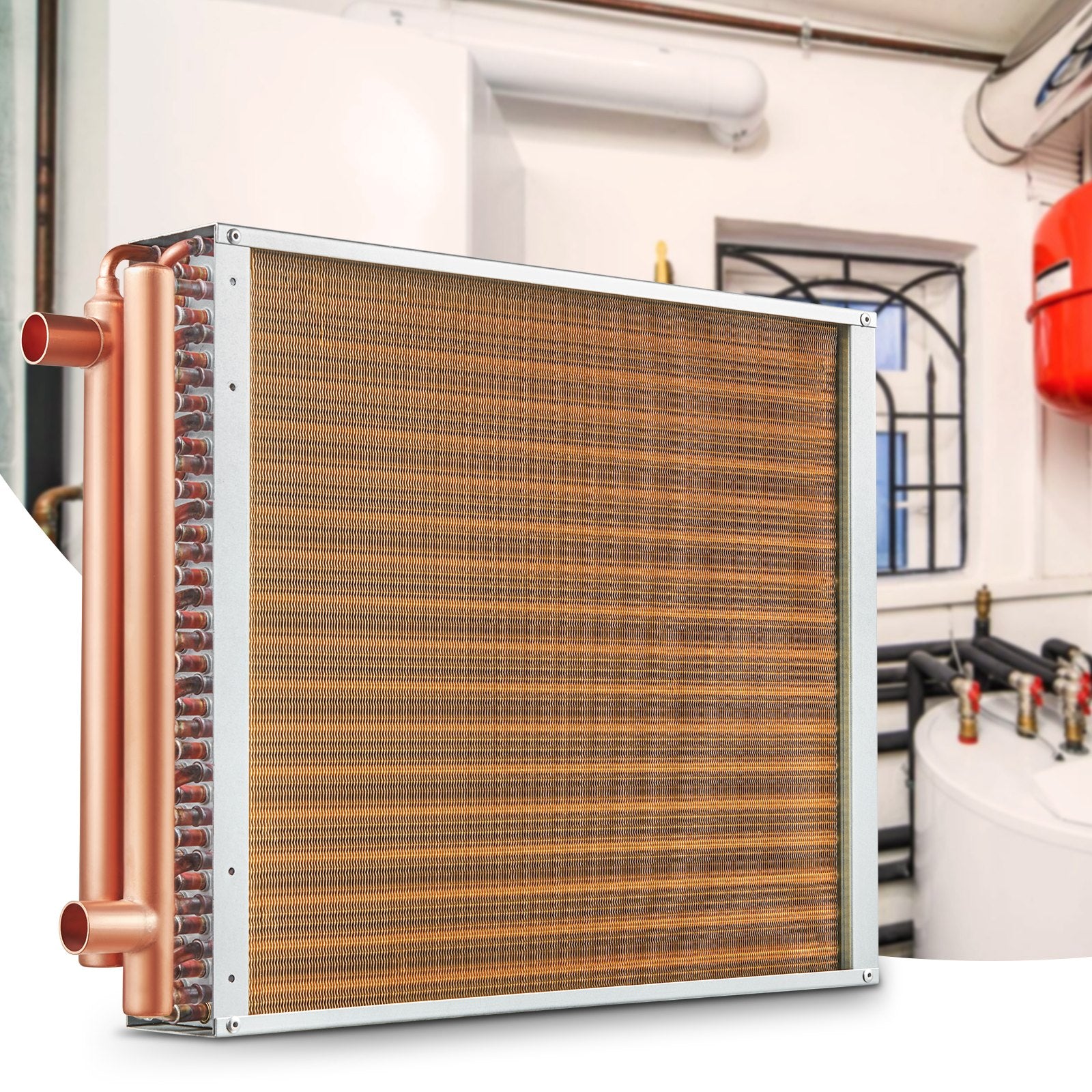 High-Efficiency 18"x20" Water to Air Heat Exchanger with 3-Row Copper Ports and 242 Aluminum Fins for Wood Furnaces, HVAC Systems, Residential Cooling