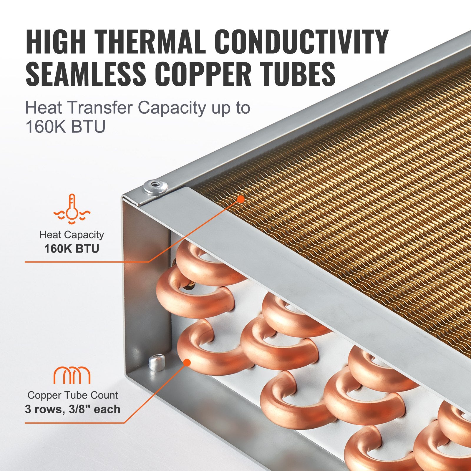 20"x 20" Copper Water to Air Heat Exchanger for Wood Furnaces - 3-Row Tubes, 242 Aluminum Fins, High Efficiency, Residential HVAC