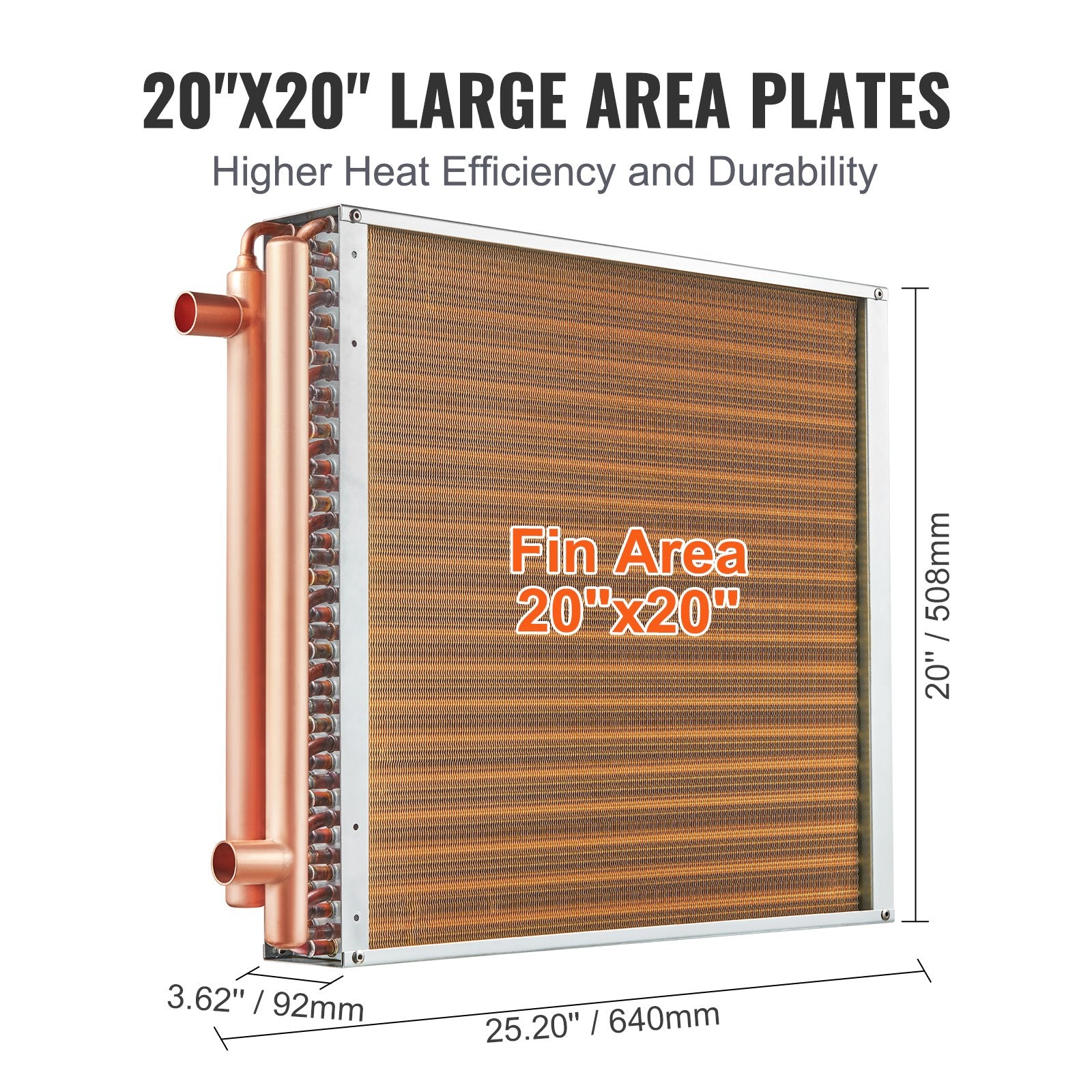 20"x 20" Copper Water to Air Heat Exchanger for Wood Furnaces - 3-Row Tubes, 242 Aluminum Fins, High Efficiency, Residential HVAC