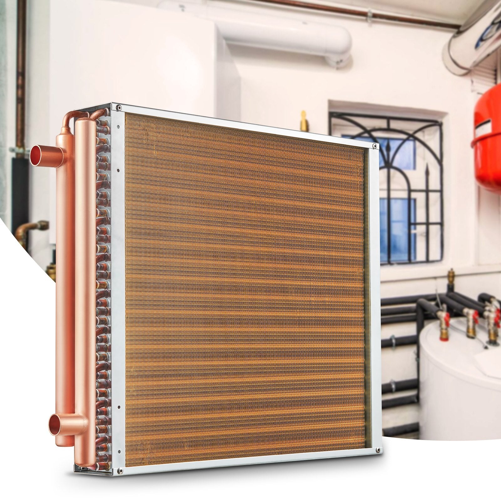 20"x 20" Copper Water to Air Heat Exchanger for Wood Furnaces - 3-Row Tubes, 242 Aluminum Fins, High Efficiency, Residential HVAC