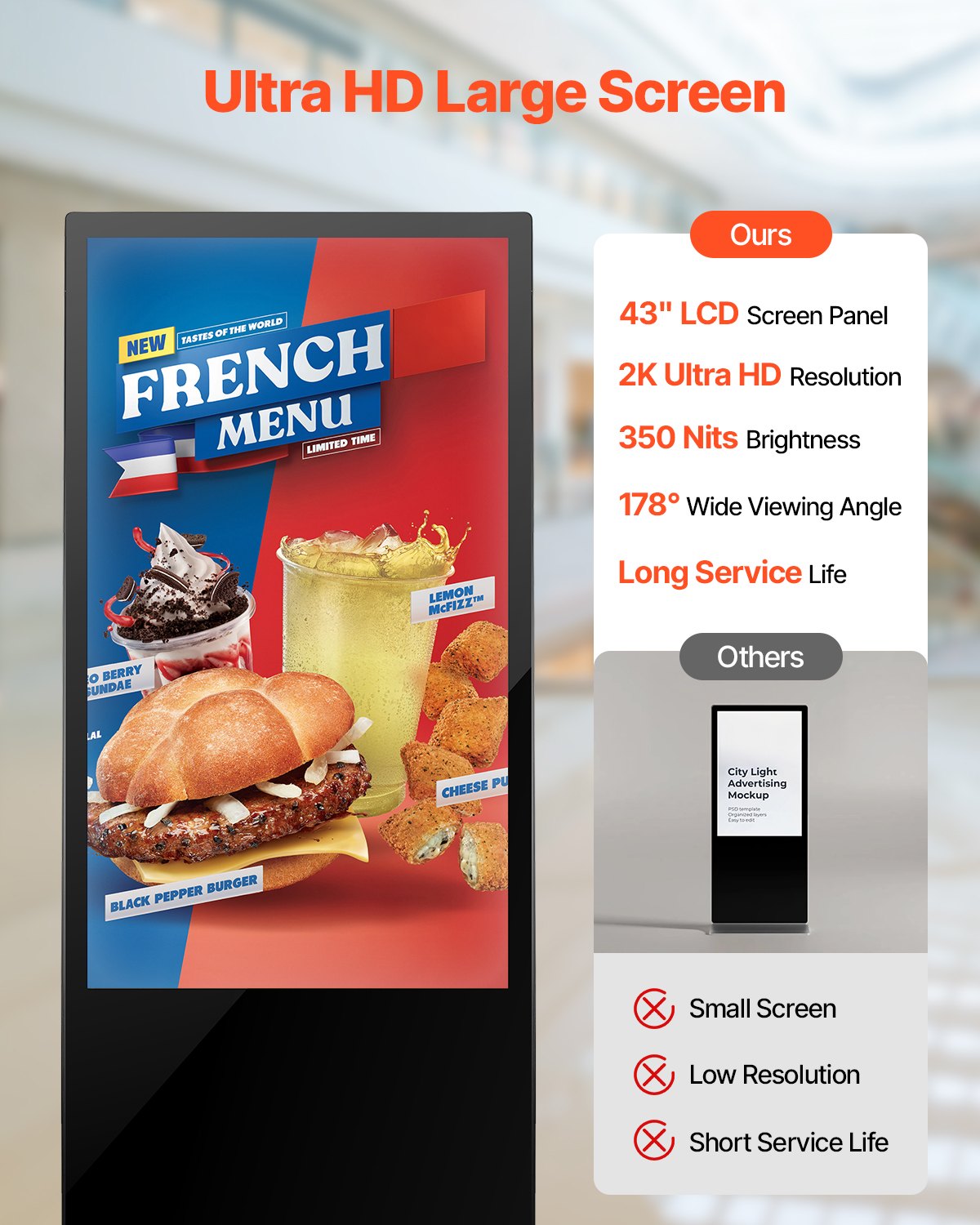 43 Inch Indoor Touchscreen Digital Kiosk with 2K UHD LCD, 2GB RAM, 32GB ROM, WiFi HDMI/USB Input, Infrared Touch, Wide Viewing Angle