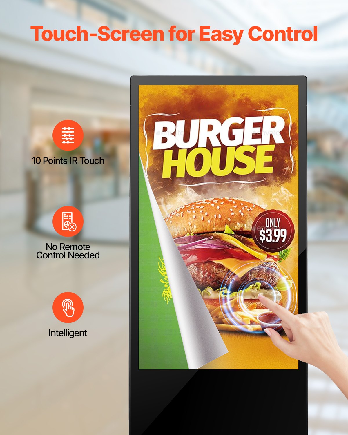 43 Inch Indoor Touchscreen Digital Kiosk with 2K UHD LCD, 2GB RAM, 32GB ROM, WiFi HDMI/USB Input, Infrared Touch, Wide Viewing Angle