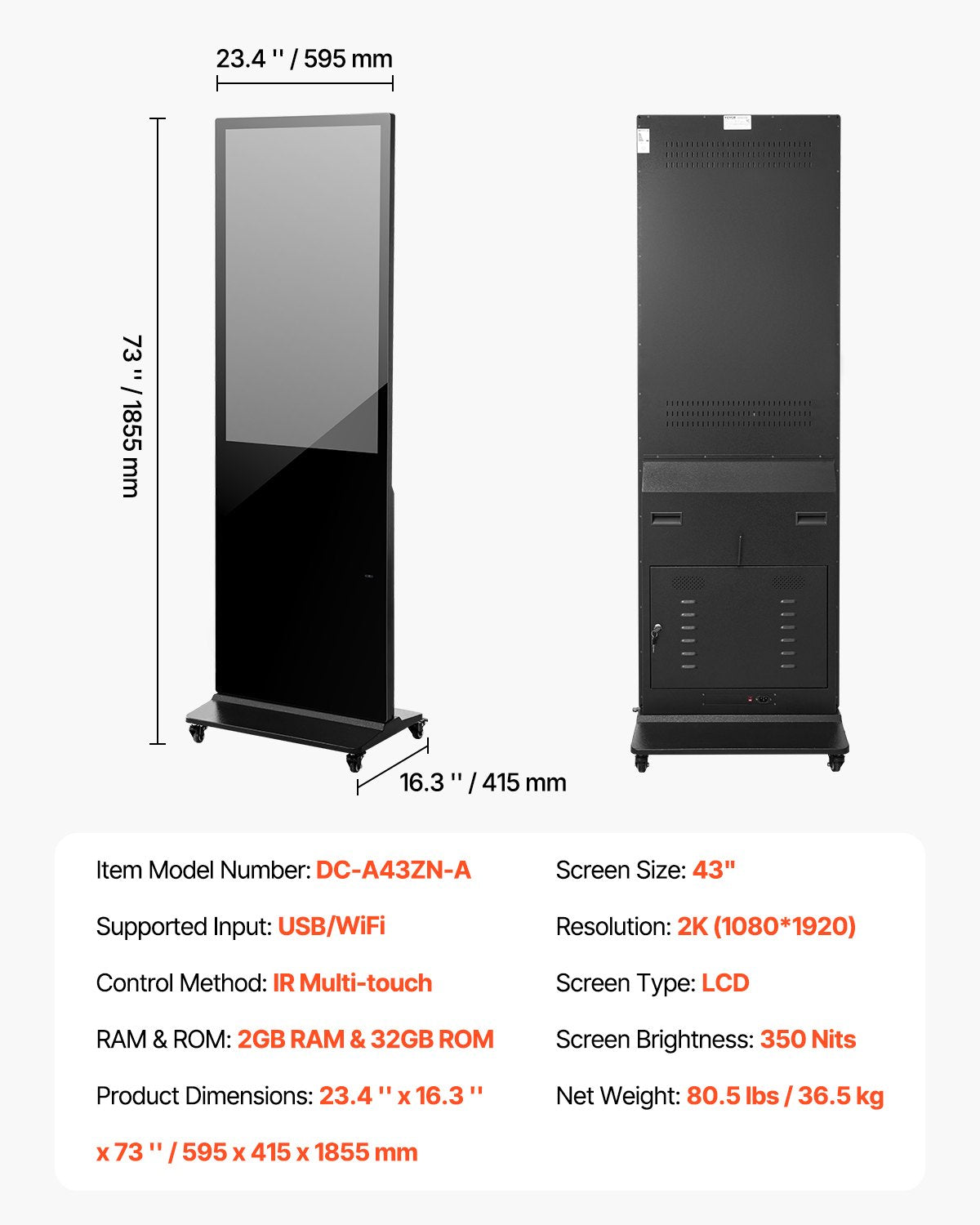43 Inch Indoor Touchscreen Digital Kiosk with 2K UHD LCD, 2GB RAM, 32GB ROM, WiFi HDMI/USB Input, Infrared Touch, Wide Viewing Angle
