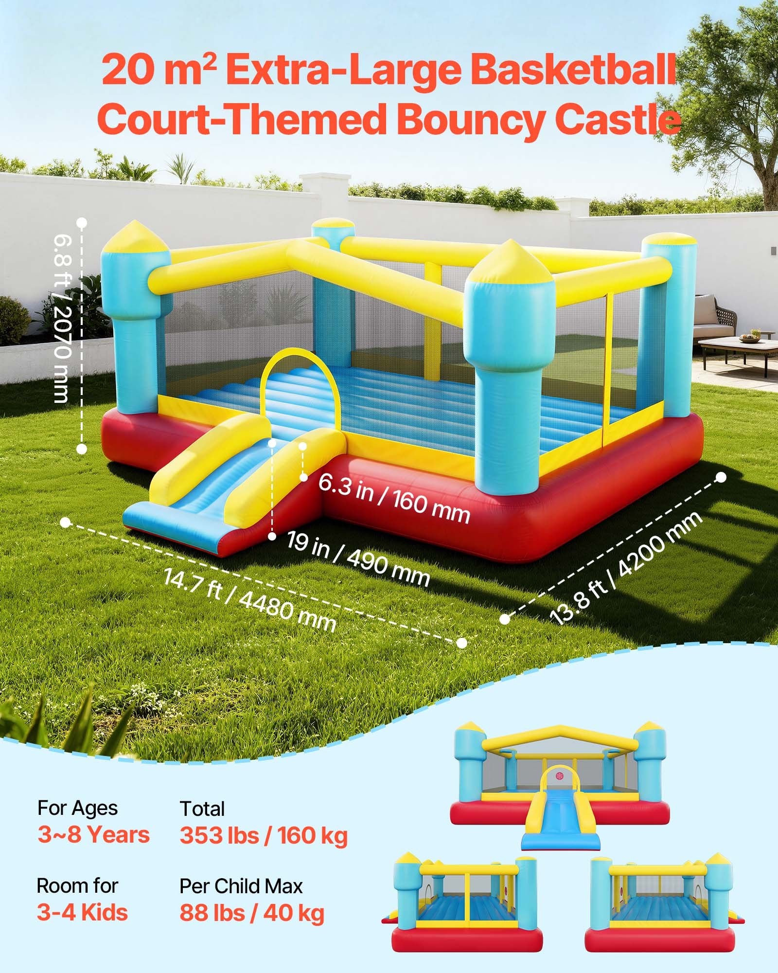 Inflatable Bouncy Castle for Kids with Slide, Basketball Hoop & Target Game - Durable Jump House, 14.7 x 13.8 x 6.8 ft, Ages 3-8, Holds 3-4