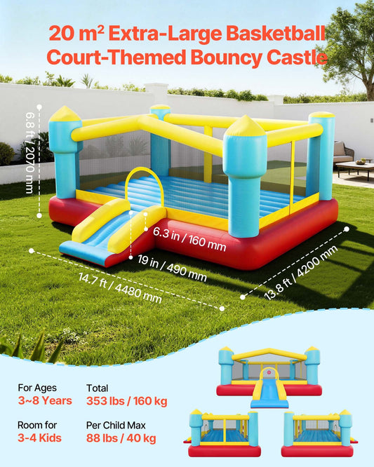 Inflatable Bouncy Castle for Kids with Slide, Basketball Hoop & Target Game - Durable Jump House, 14.7 x 13.8 x 6.8 ft, Ages 3-8, Holds 3-4