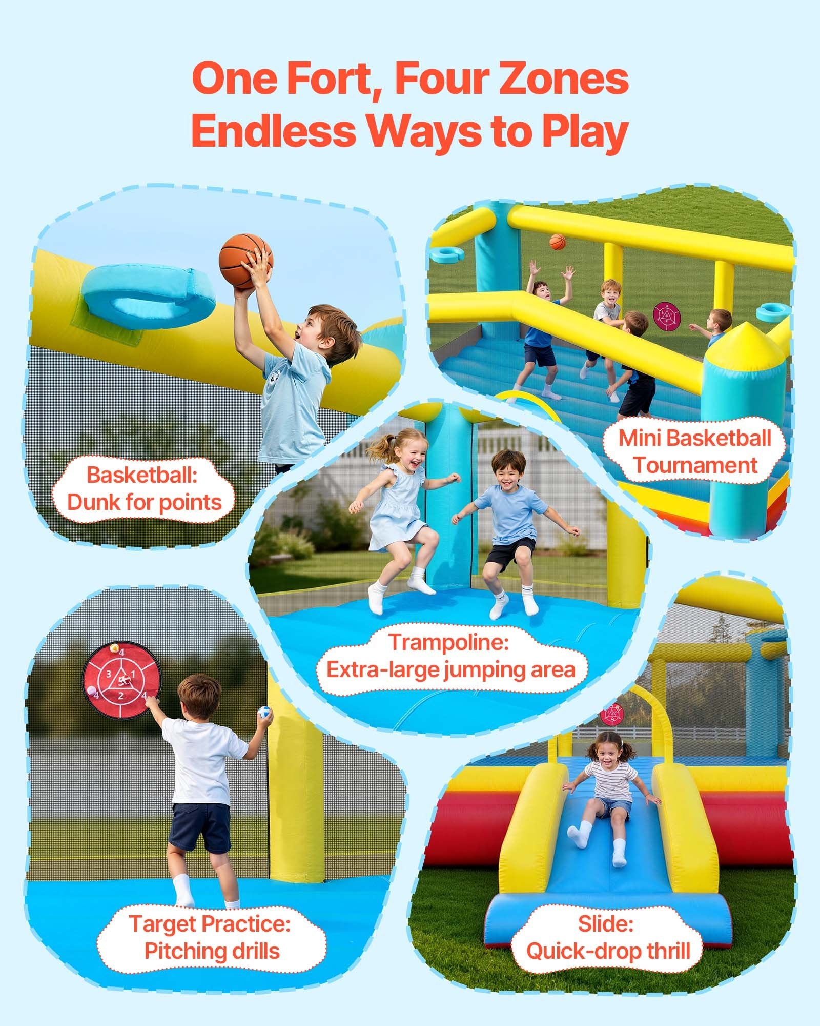 Inflatable Bouncy Castle for Kids with Slide, Basketball Hoop & Target Game - Durable Jump House, 14.7 x 13.8 x 6.8 ft, Ages 3-8, Holds 3-4