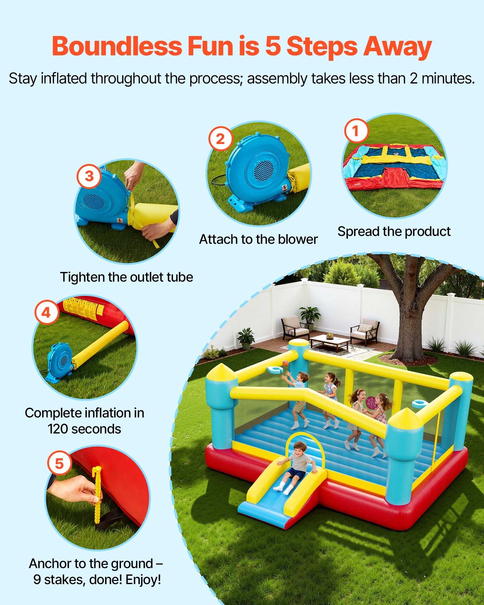 Inflatable Bouncy Castle for Kids with Slide, Basketball Hoop & Target Game - Durable Jump House, 14.7 x 13.8 x 6.8 ft, Ages 3-8, Holds 3-4