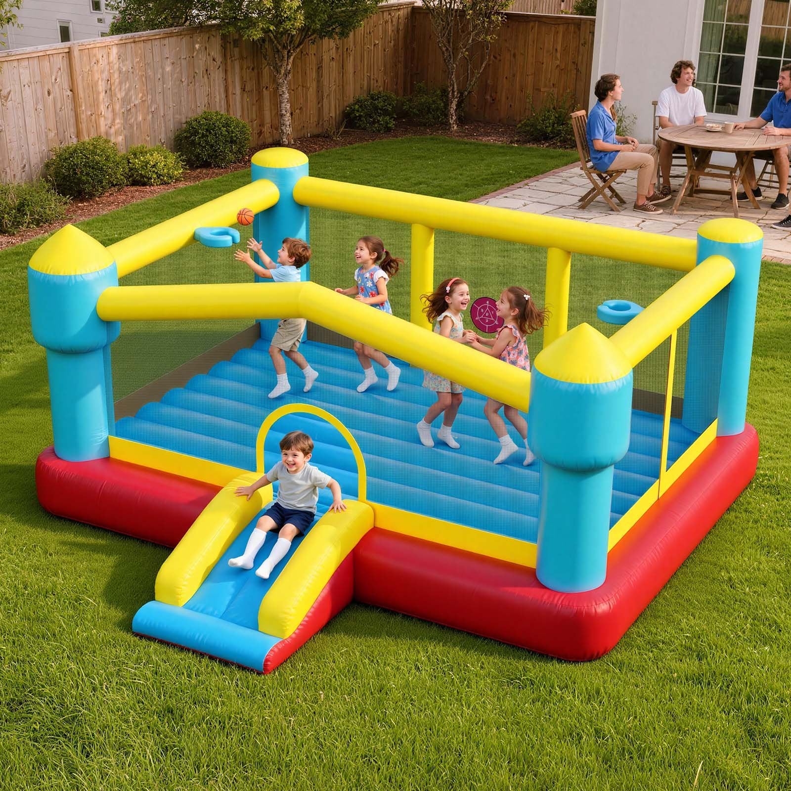 Inflatable Bouncy Castle for Kids with Slide, Basketball Hoop & Target Game - Durable Jump House, 14.7 x 13.8 x 6.8 ft, Ages 3-8, Holds 3-4