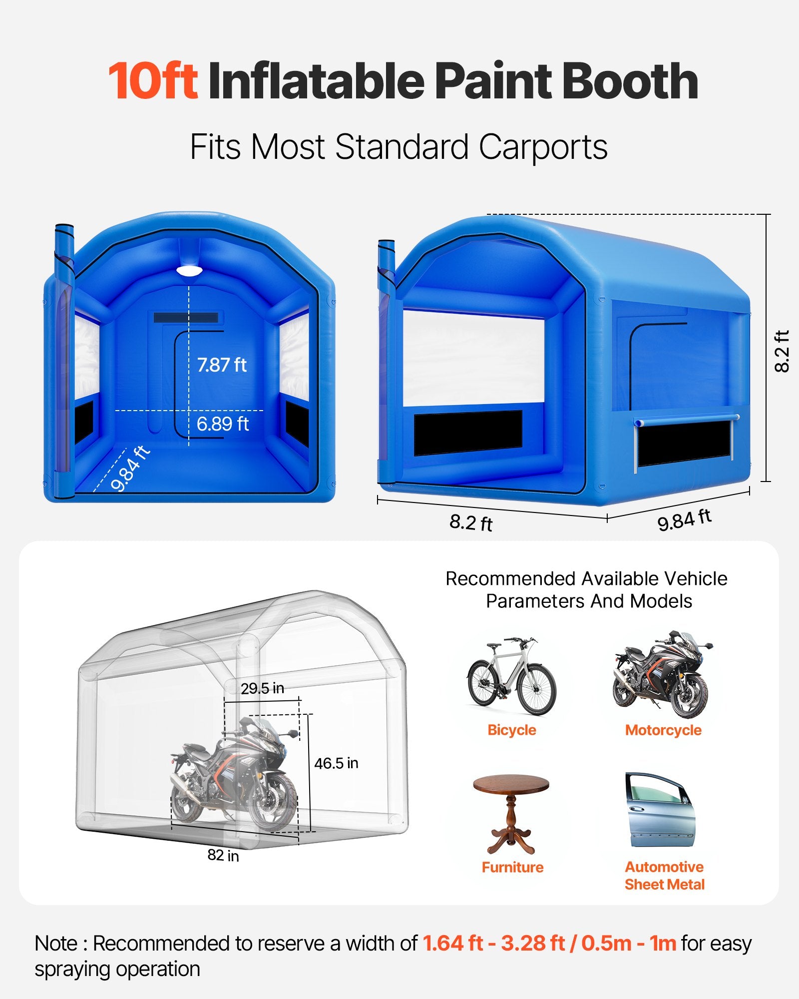 Compact Inflatable Paint Booth 9.84x8.2x8.2 ft with 550W Blower, Air Filter System, Round Roof for Bicycles, Motorcycles & Automotive Painting