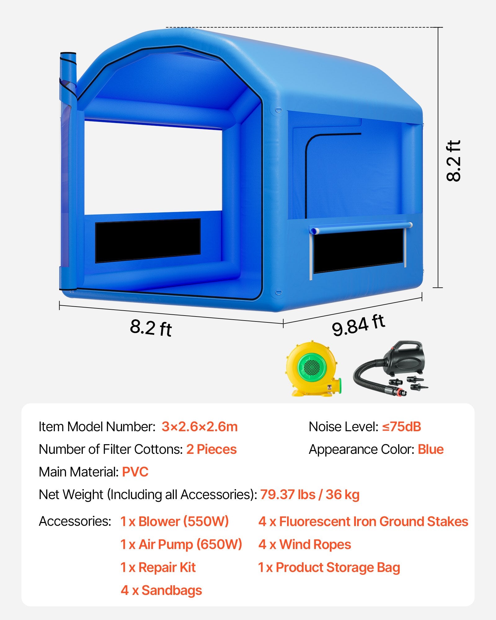 Compact Inflatable Paint Booth 9.84x8.2x8.2 ft with 550W Blower, Air Filter System, Round Roof for Bicycles, Motorcycles & Automotive Painting