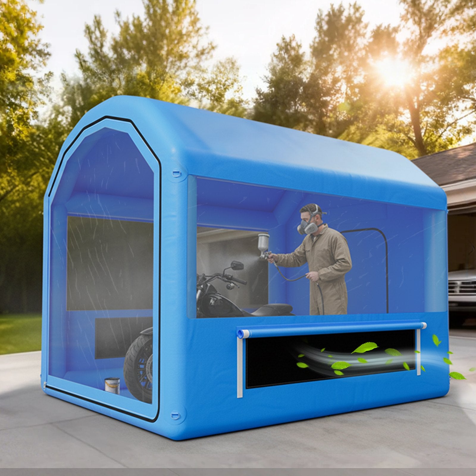 Compact Inflatable Paint Booth 9.84x8.2x8.2 ft with 550W Blower, Air Filter System, Round Roof for Bicycles, Motorcycles & Automotive Painting