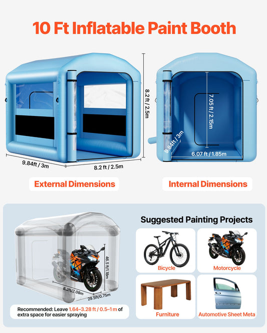 9.84 x 8.2 x 8.2 ft Inflatable Paint Booth with 550W Blower & Air Filter, Ideal for Bicycle, Motorcycle, Furniture Painting; Round Roof, Light Hook, Blue Oxford Fabric, Thick Transparent PVC Windows, High-Flow Air Intake, Low Noise, Reinforced Handles