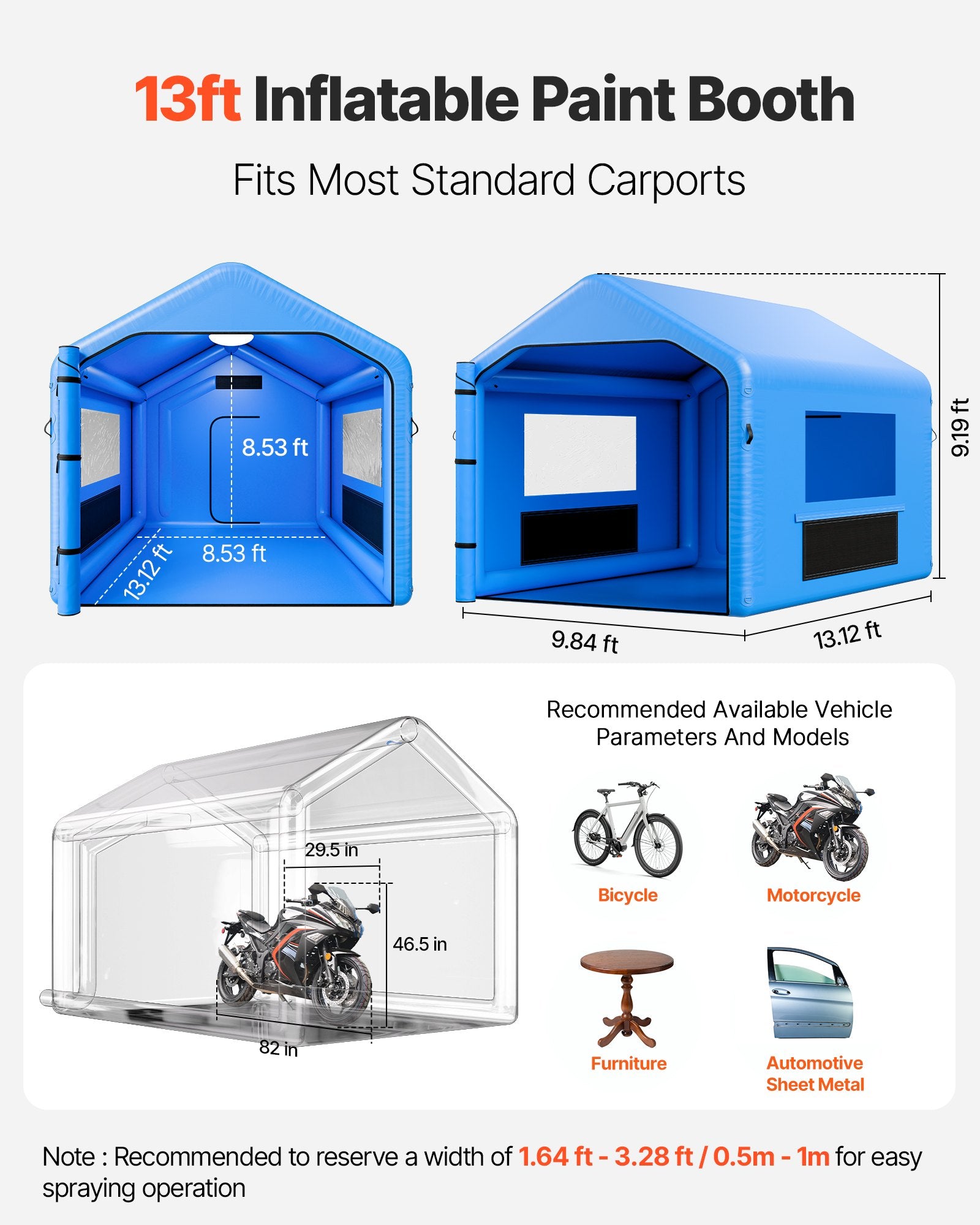 Enhanced Inflatable Paint Booth 13x10x9 ft for Bicycle, Motorcycle, Auto Painting with 750W Blower, Air Filter, Triangular Roof, PVC Windows