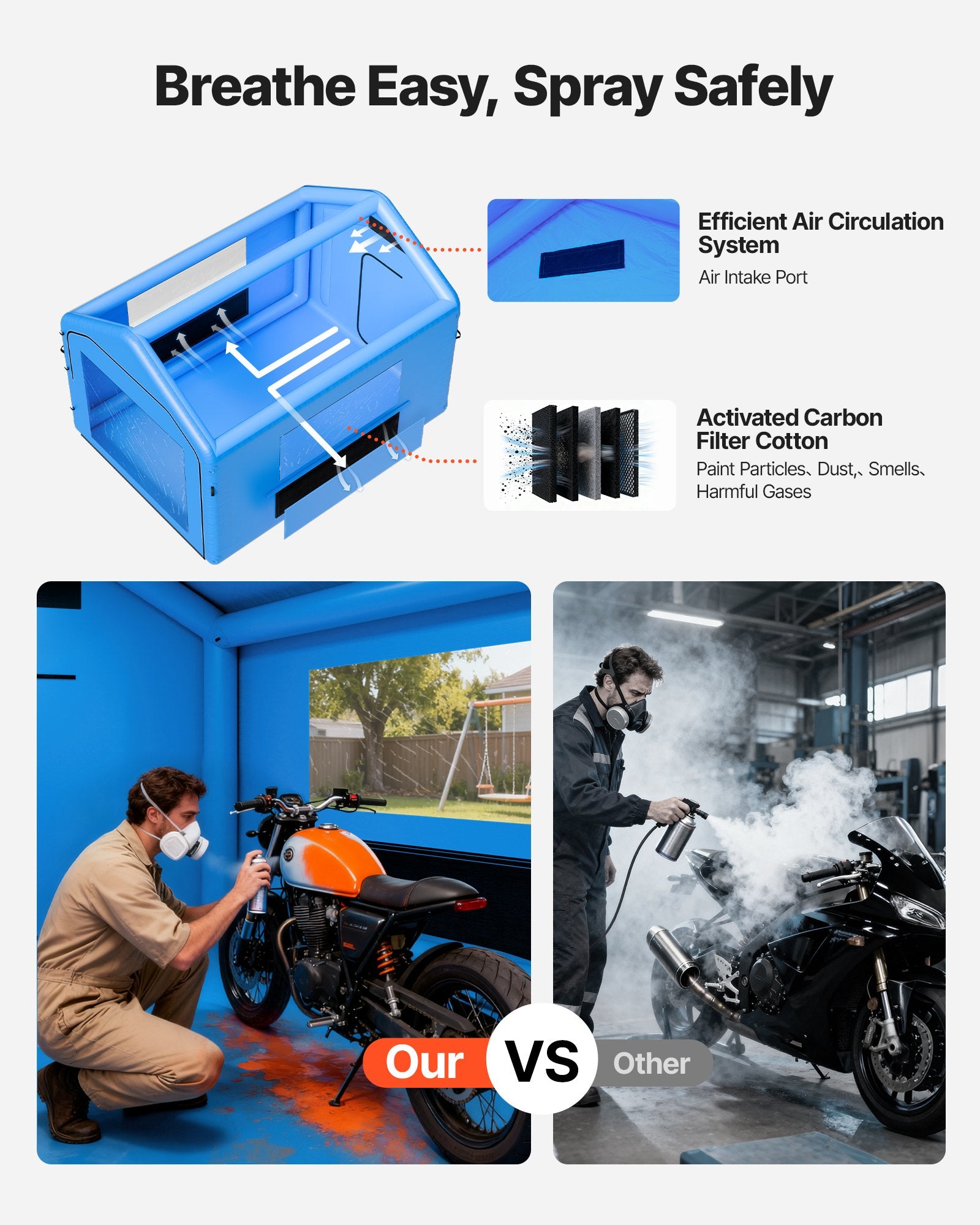 Enhanced Inflatable Paint Booth 13x10x9 ft for Bicycle, Motorcycle, Auto Painting with 750W Blower, Air Filter, Triangular Roof, PVC Windows