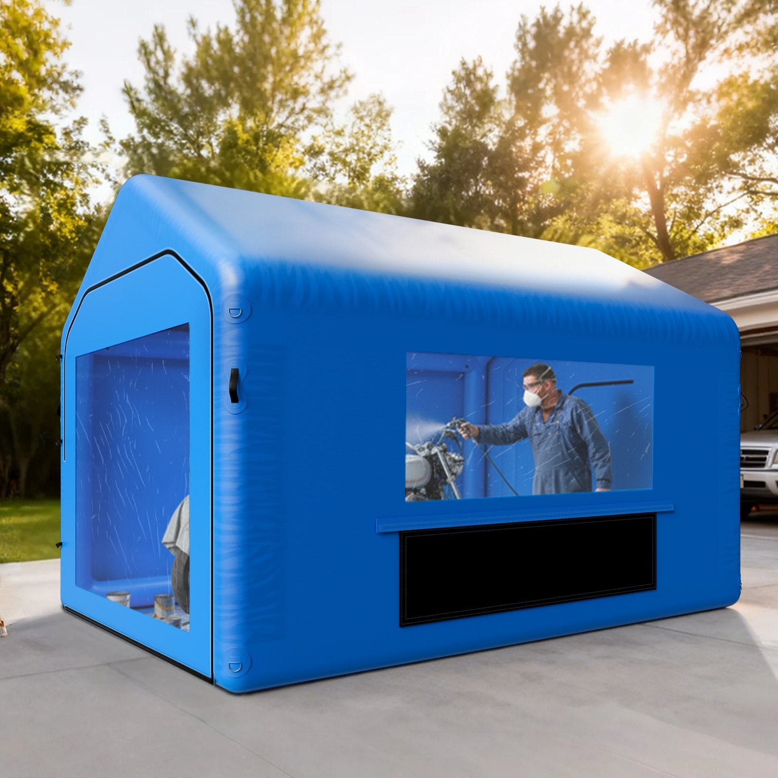 Enhanced Inflatable Paint Booth 13x10x9 ft for Bicycle, Motorcycle, Auto Painting with 750W Blower, Air Filter, Triangular Roof, PVC Windows