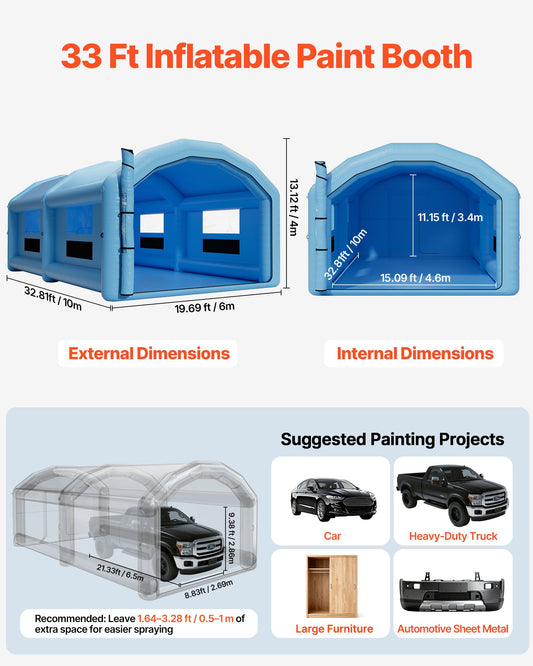 Spacious Inflatable Paint Booth for Cars & Furniture | 32.81 x 19.69 x 13.12 ft Spray Tent with Dual Blowers, Air Filter & Clear PVC Windows