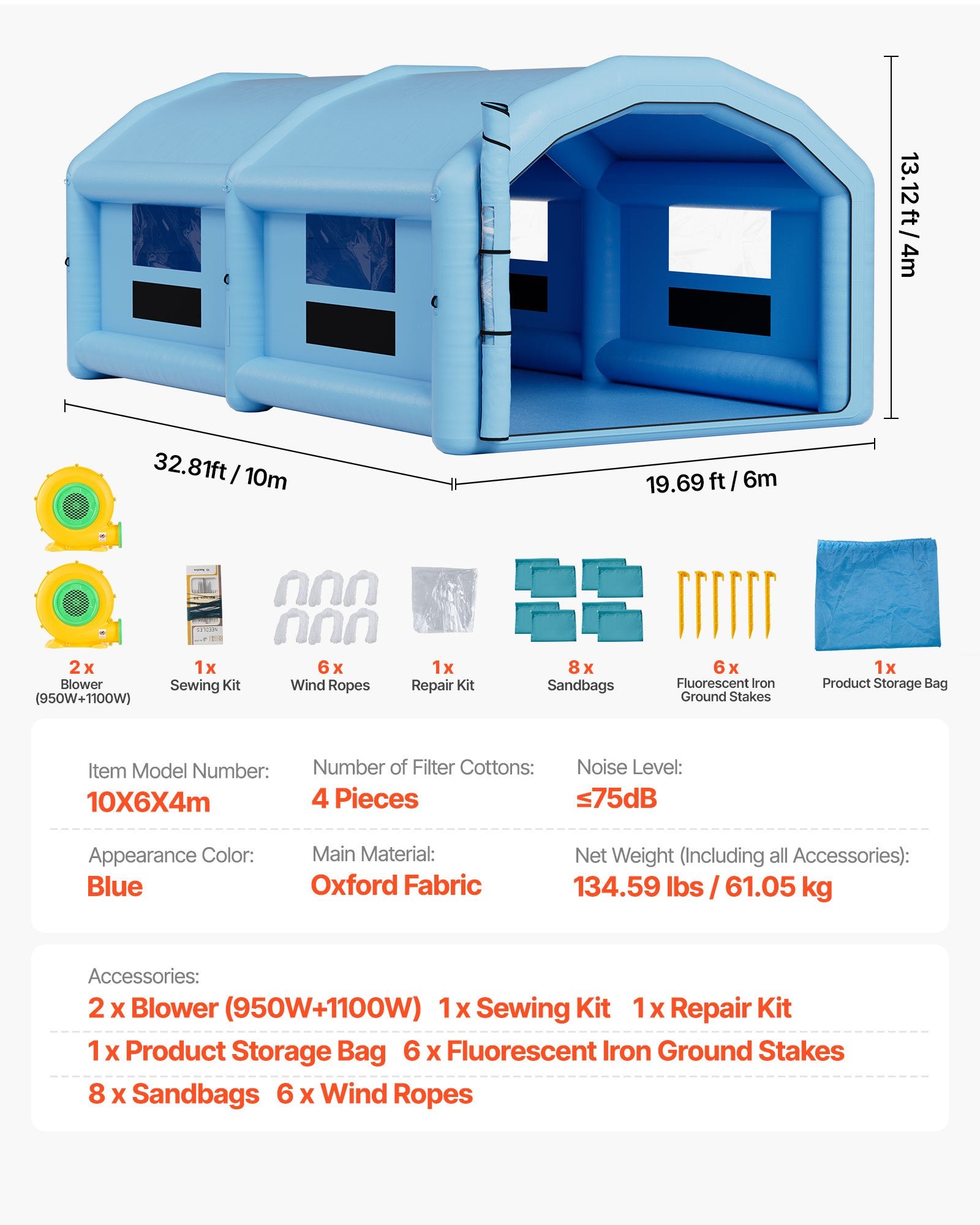 Spacious Inflatable Paint Booth for Cars & Furniture | 32.81 x 19.69 x 13.12 ft Spray Tent with Dual Blowers, Air Filter & Clear PVC Windows