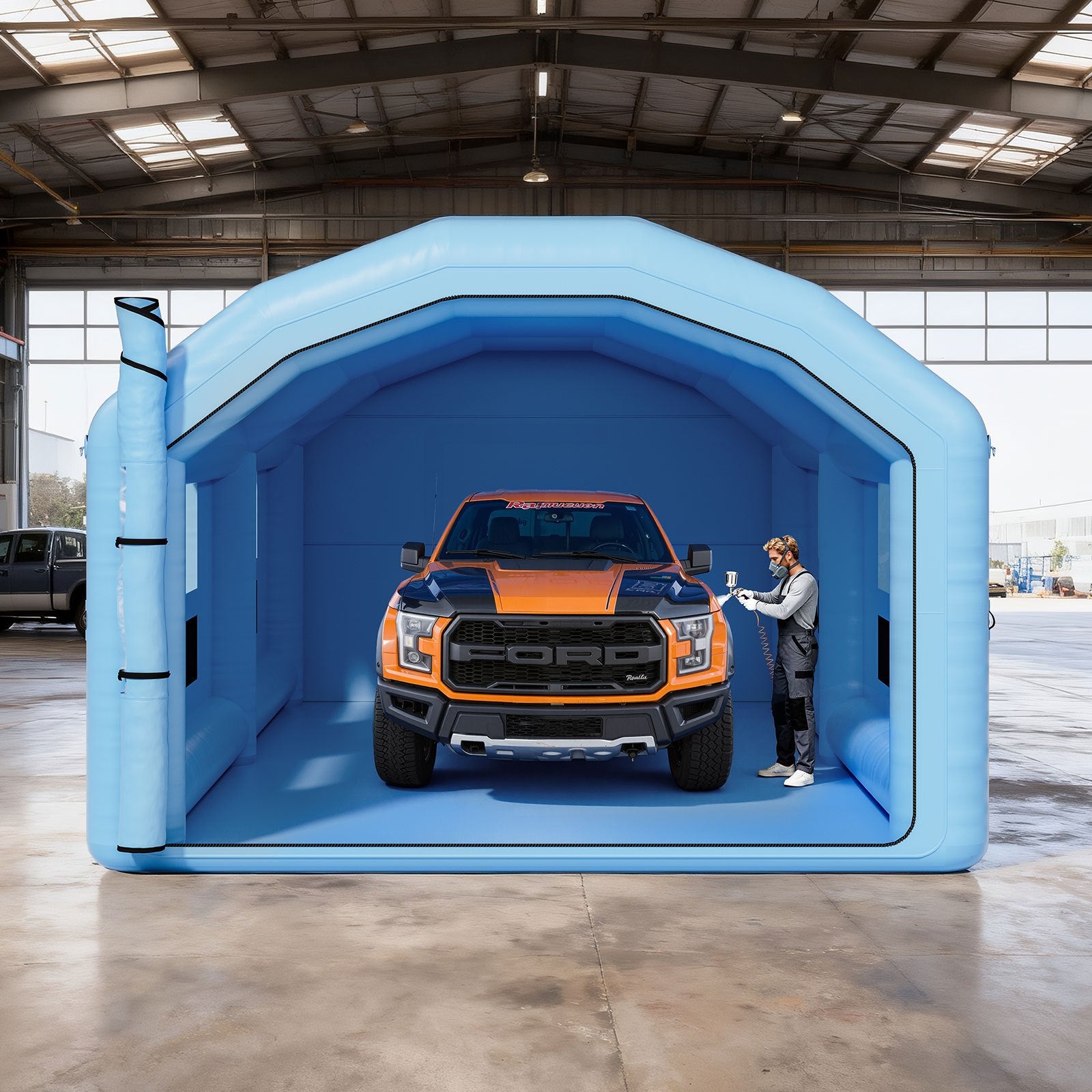 Spacious Inflatable Paint Booth for Cars & Furniture | 32.81 x 19.69 x 13.12 ft Spray Tent with Dual Blowers, Air Filter & Clear PVC Windows