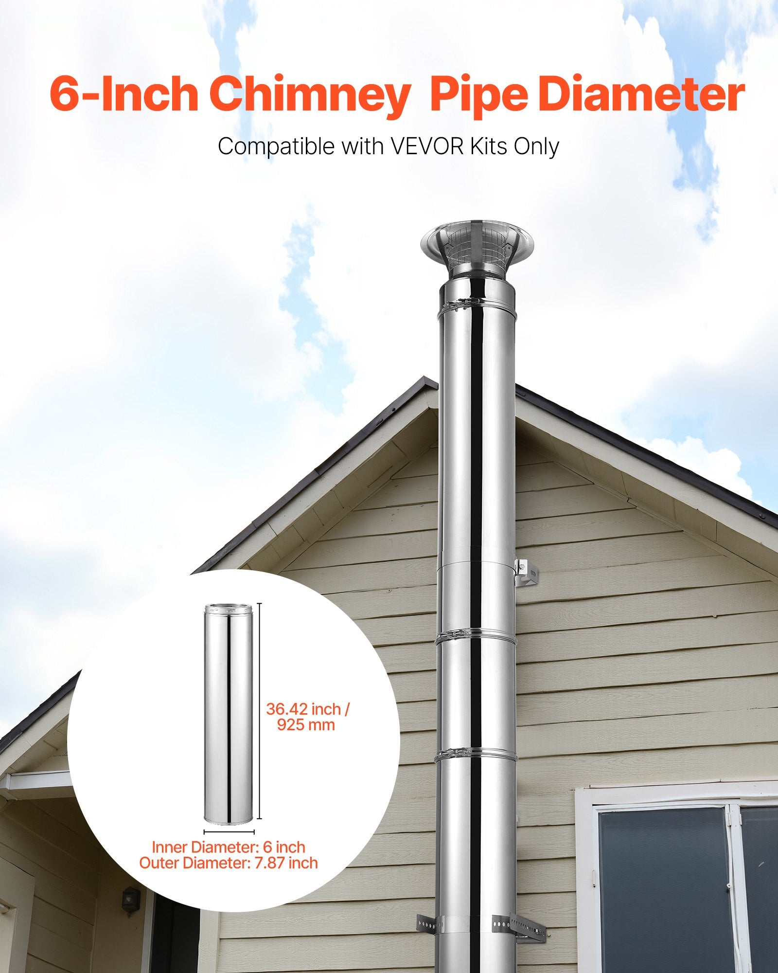 Premium Stainless Steel Double Wall Chimney Pipe, 6 x 36 Inch, Easy Install, Thick Insulation for Stove, Indoor Outdoor Use, Weatherproof, Silver