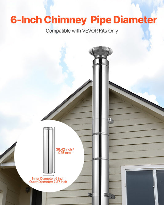Premium Stainless Steel Double Wall Chimney Pipe, 6 x 36 Inch, Easy Install, Thick Insulation for Stove, Indoor Outdoor Use, Weatherproof, Silver
