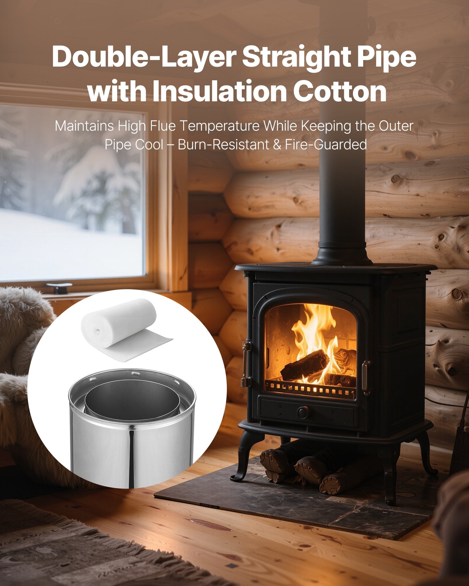 Premium Stainless Steel Double Wall Chimney Pipe, 6 x 36 Inch, Easy Install, Thick Insulation for Stove, Indoor Outdoor Use, Weatherproof, Silver