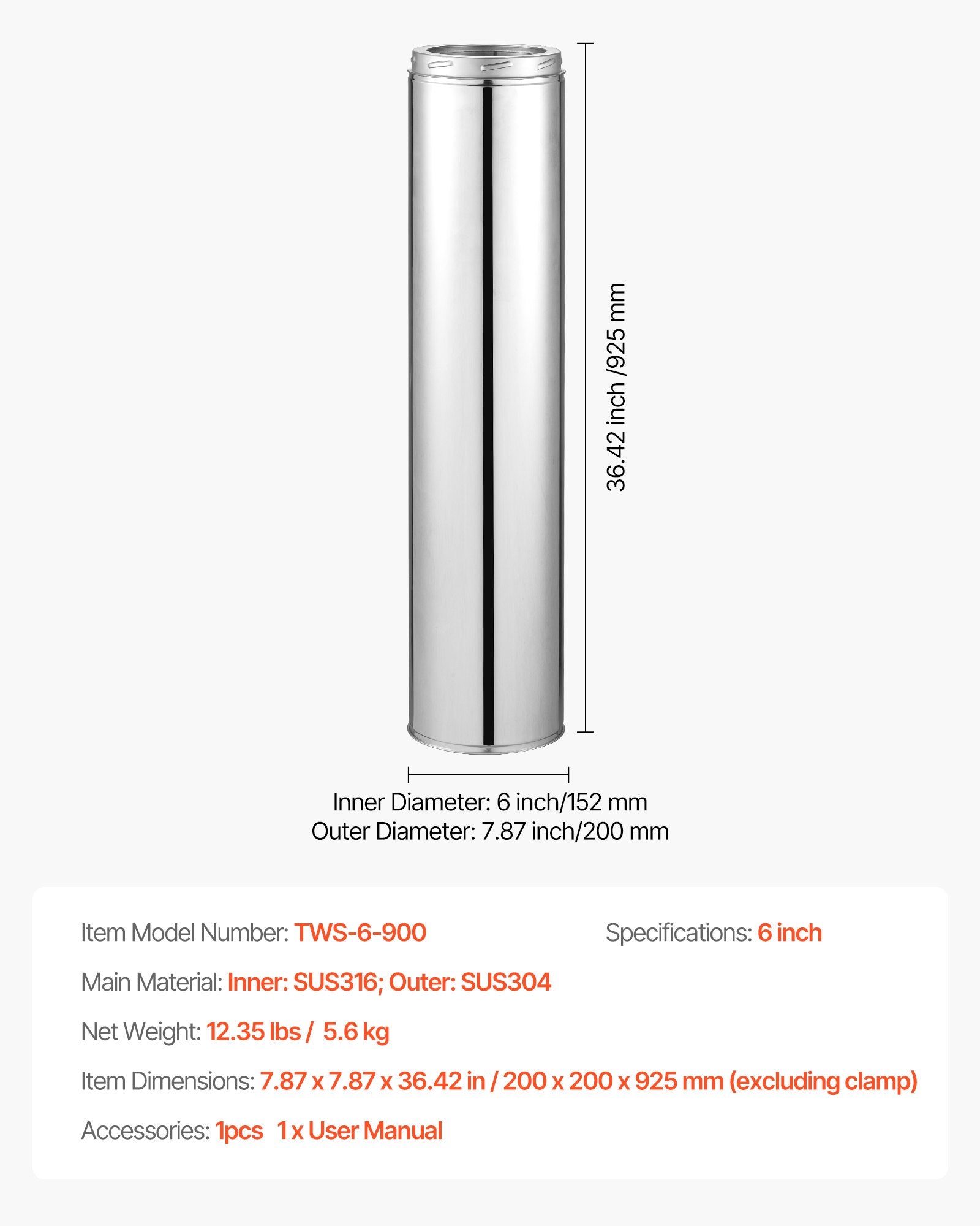 Premium Stainless Steel Double Wall Chimney Pipe, 6 x 36 Inch, Easy Install, Thick Insulation for Stove, Indoor Outdoor Use, Weatherproof, Silver
