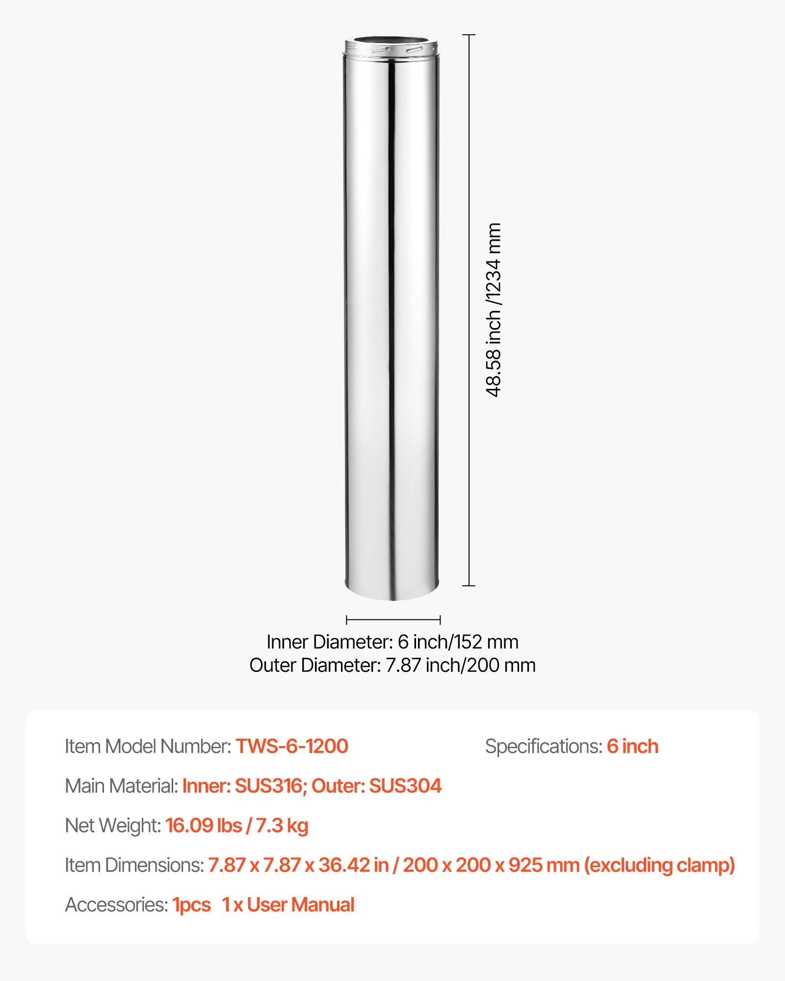 6x48 Inch Stainless Steel Double Wall Chimney Pipe, Easy Install, Thick Insulation, Indoor Outdoor Stove Use, Heat-Resistant, Silver