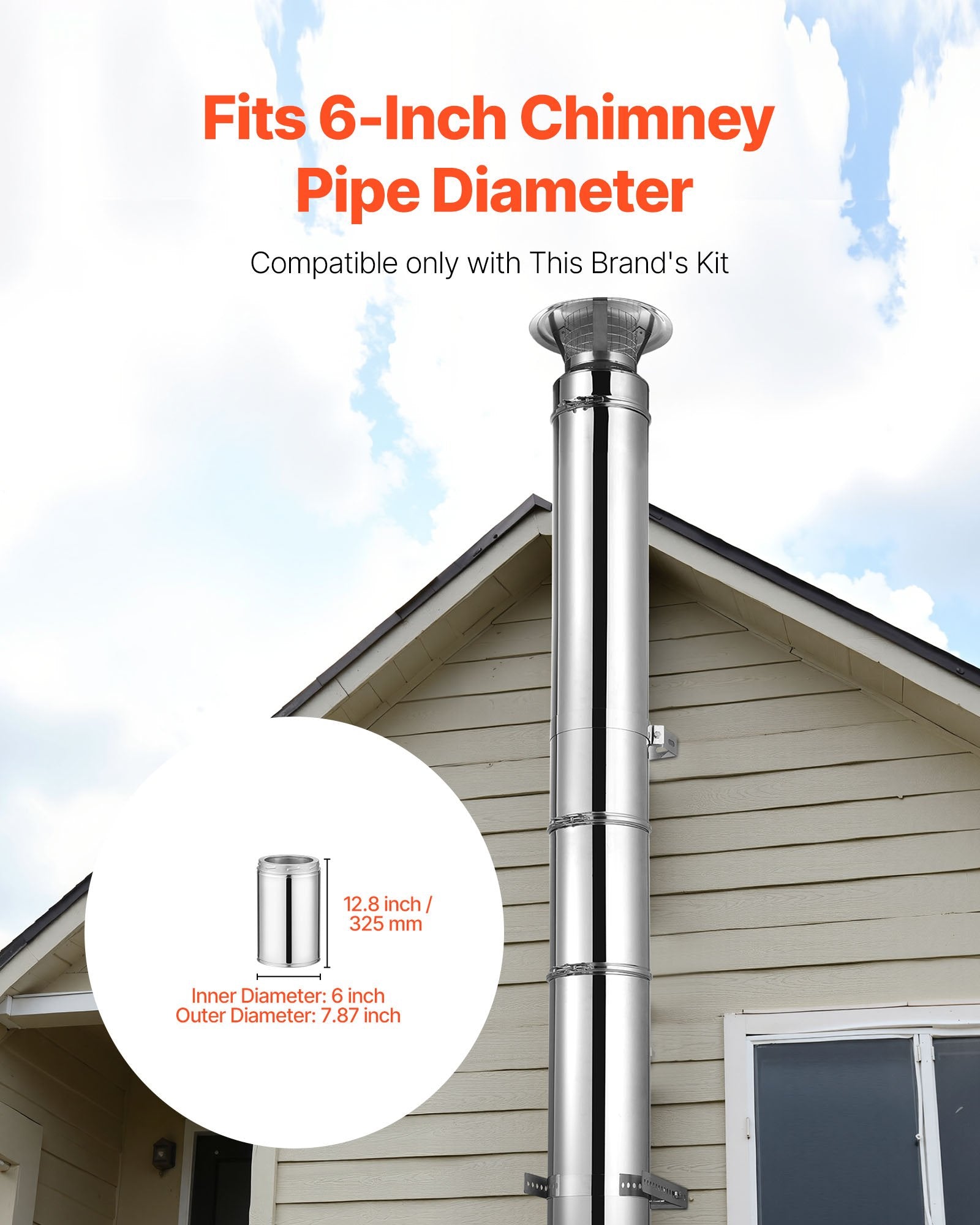 Premium Stainless Steel Double Wall Chimney Pipe, 6x12 inch, Easy Install, Thick Insulation for Indoor/Outdoor, Heat-Resistant, Silver