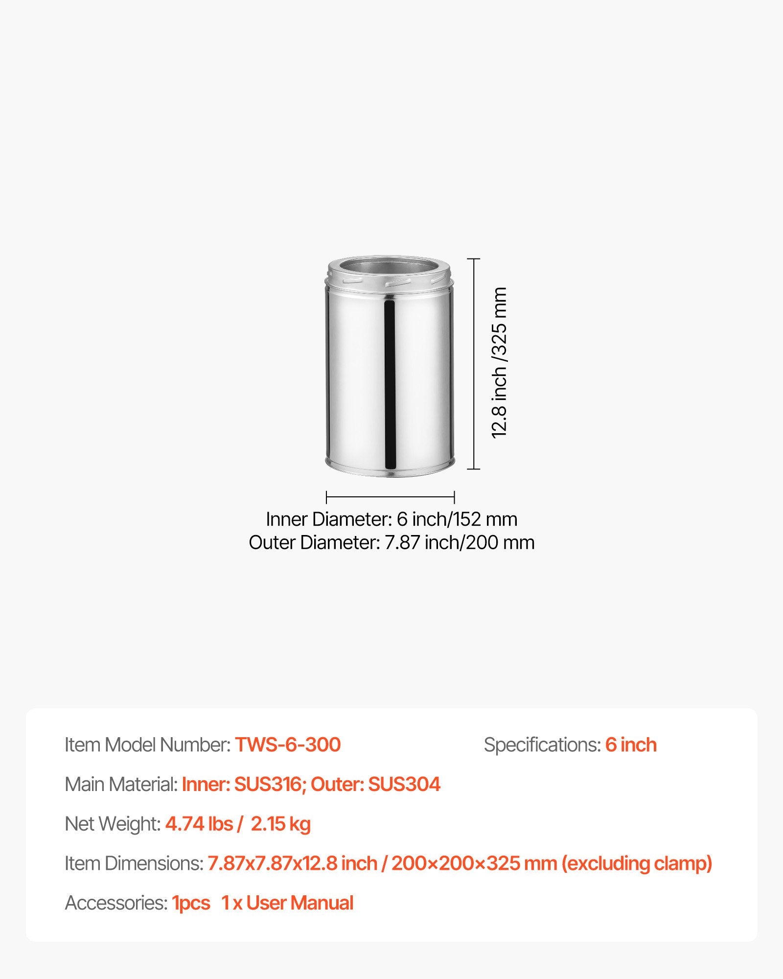 Premium Stainless Steel Double Wall Chimney Pipe, 6x12 inch, Easy Install, Thick Insulation for Indoor/Outdoor, Heat-Resistant, Silver
