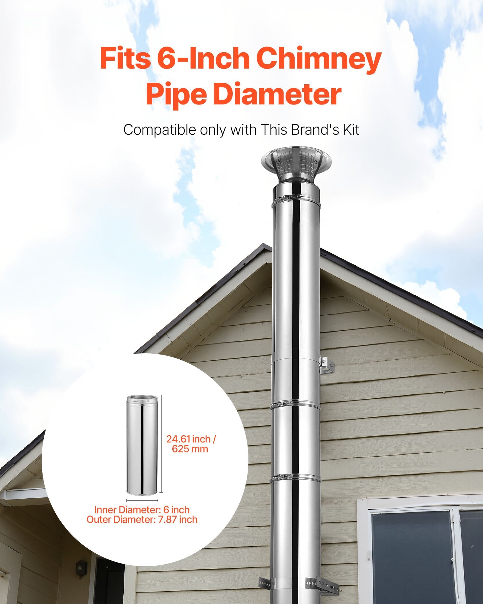 6 x 24 Inch Double Wall Stainless Steel Chimney Pipe - Premium Heat-Resistant, Weatherproof Stove Pipe with Easy Installation, Silver