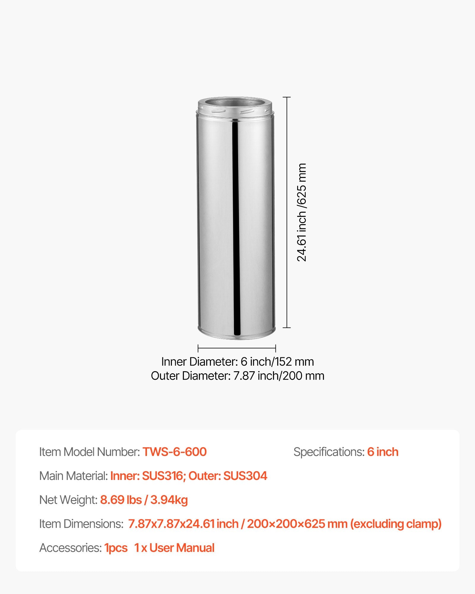 6 x 24 Inch Double Wall Stainless Steel Chimney Pipe - Premium Heat-Resistant, Weatherproof Stove Pipe with Easy Installation, Silver