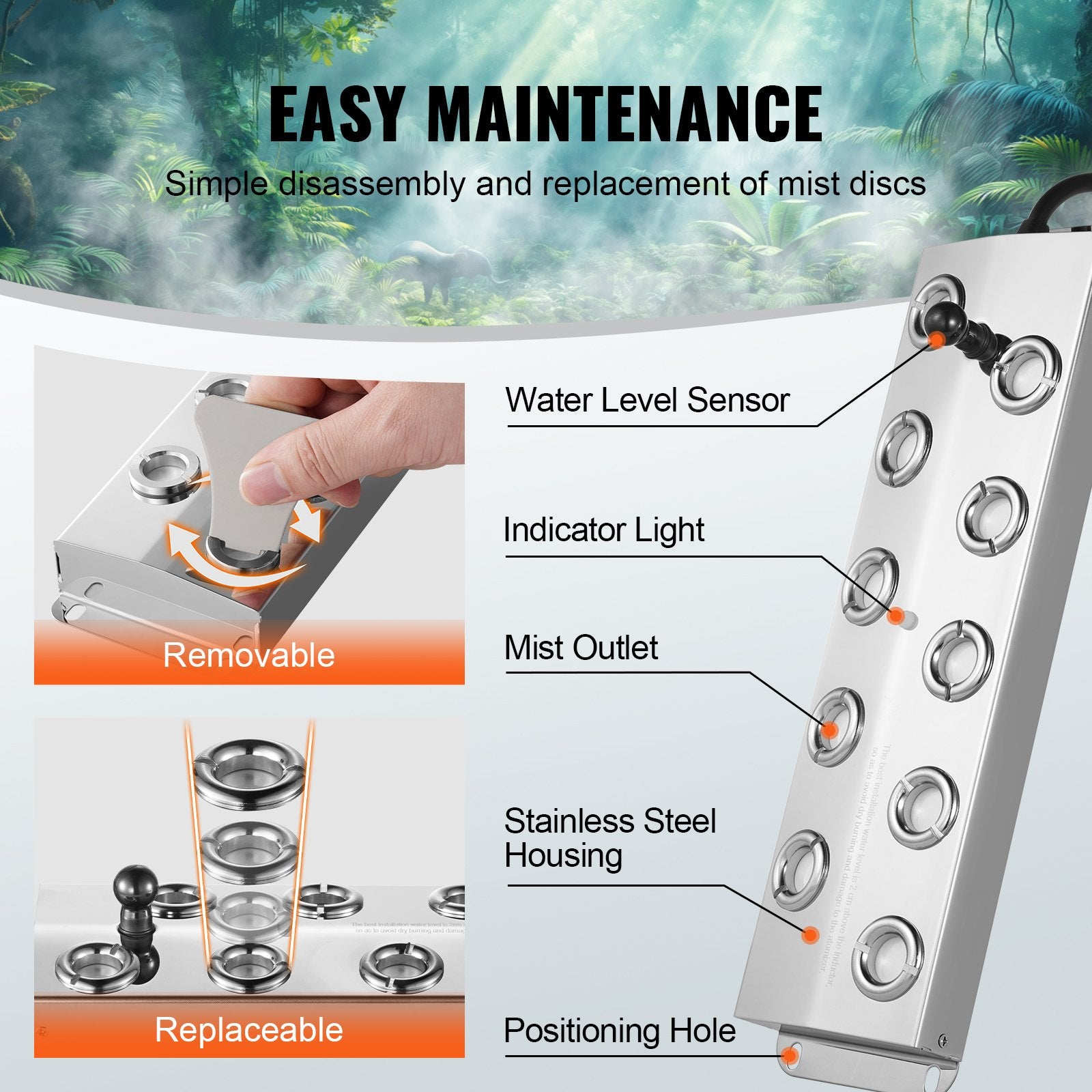 High-Capacity Ultrasonic Mist Maker, 10-Head Fogger, 7000mL/H, 280W Waterproof, for Ponds, Gardens, Greenhouses, Halloween Decor, Stainless Steel