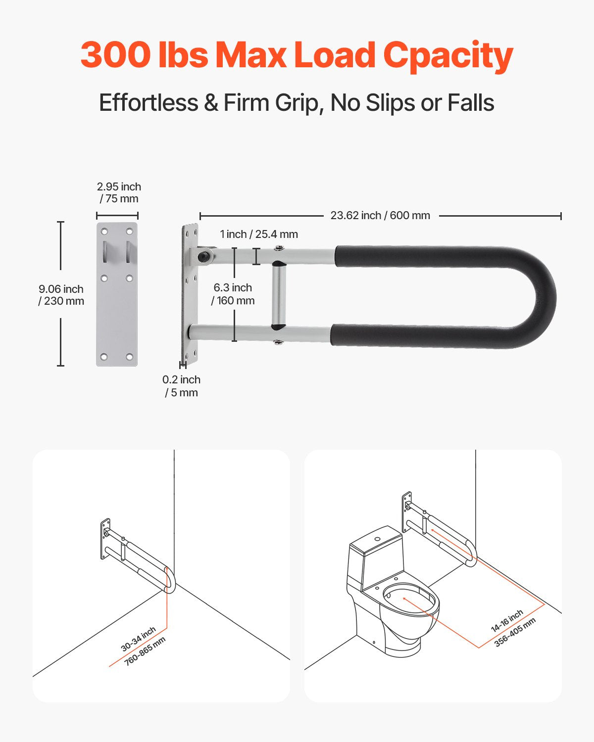 Foldable U-Shaped Toilet Safety Rail with Anti-Slip Handle, 300 lb Capacity for Elderly, Disabled, Pregnant - Easy Installation, Matte Silver Finish