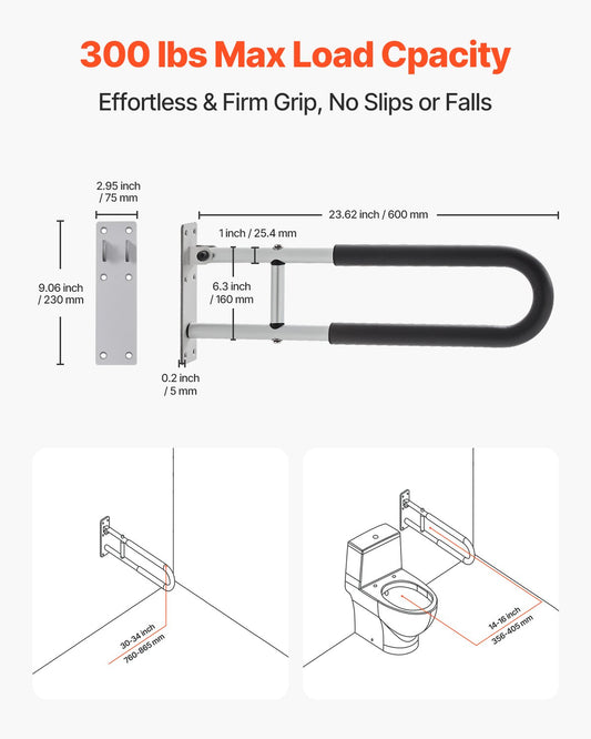 Foldable U-Shaped Toilet Safety Rail with Anti-Slip Handle, 300 lb Capacity for Elderly, Disabled, Pregnant - Easy Installation, Matte Silver Finish