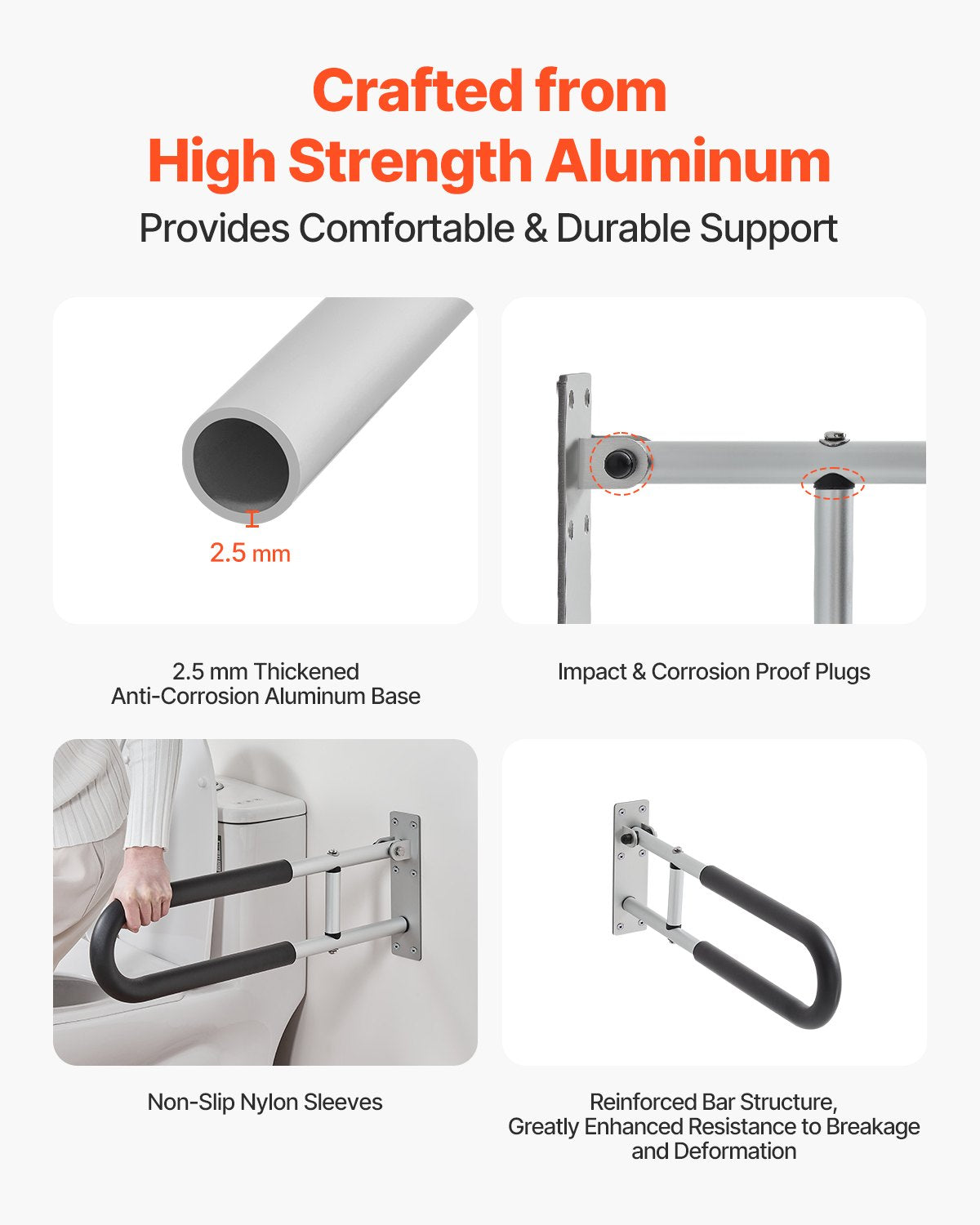 Foldable U-Shaped Toilet Safety Rail with Anti-Slip Handle, 300 lb Capacity for Elderly, Disabled, Pregnant - Easy Installation, Matte Silver Finish