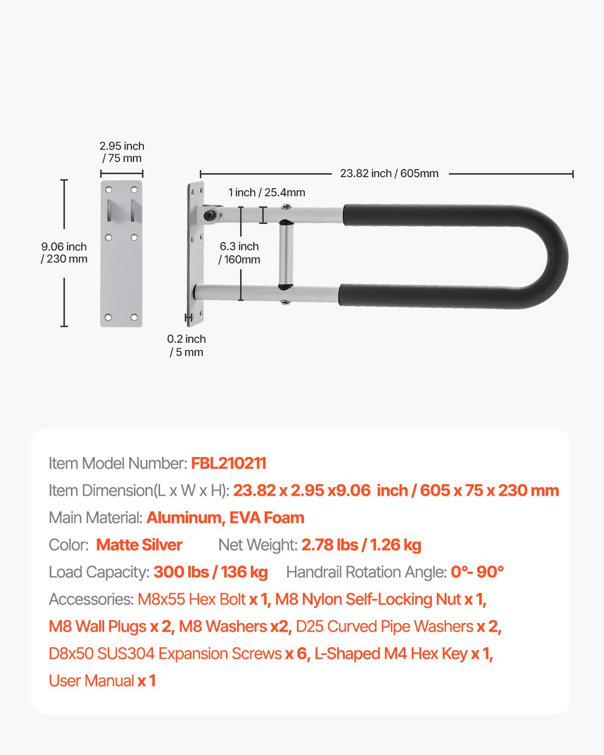 Foldable U-Shaped Toilet Safety Rail with Anti-Slip Handle, 300 lb Capacity for Elderly, Disabled, Pregnant - Easy Installation, Matte Silver Finish