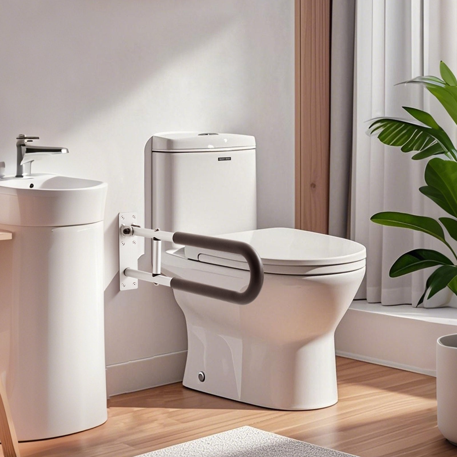 Foldable U-Shaped Toilet Safety Rail with Anti-Slip Handle, 300 lb Capacity for Elderly, Disabled, Pregnant - Easy Installation, Matte Silver Finish