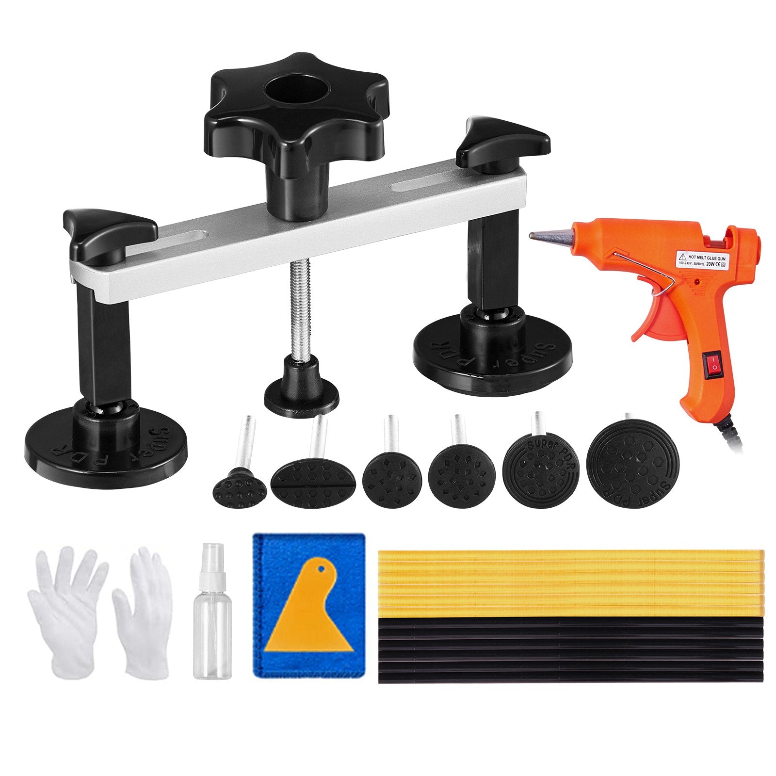 Comprehensive 25 PCS Paintless Dent Removal Kit with Bridge Puller, Hot Glue Gun, Glue Sticks, Puller Tabs for Auto Body & Metal Surfaces Repair