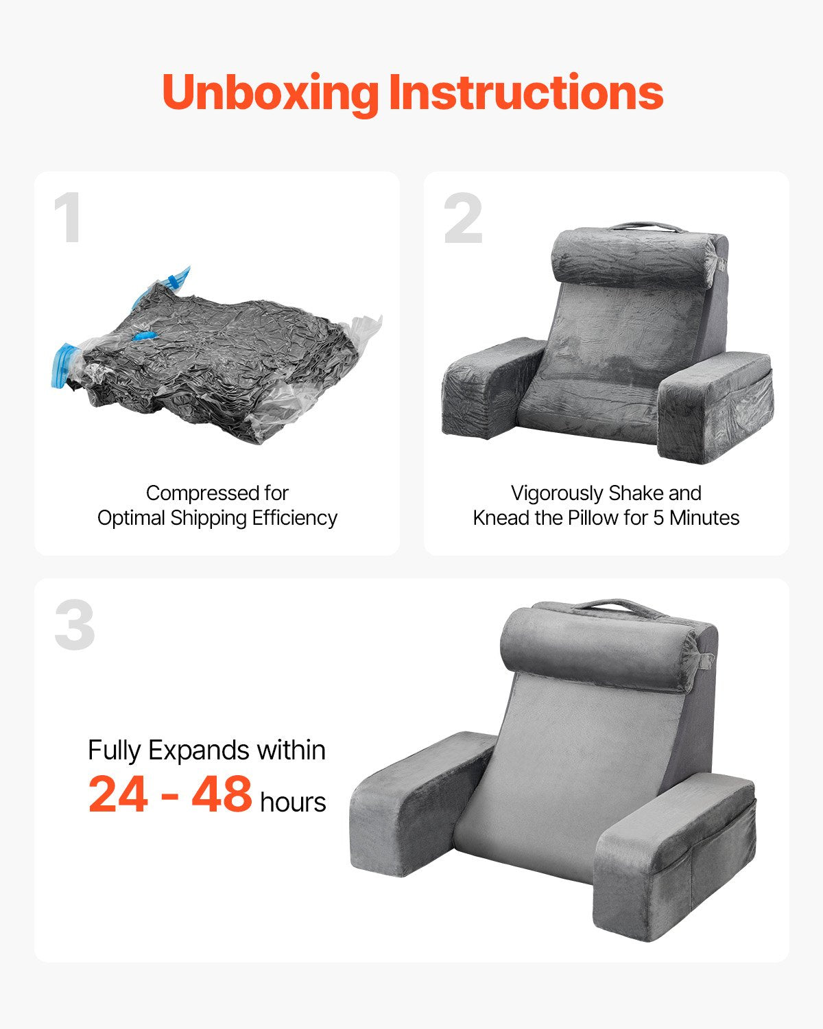 Ergonomic Grey Reading Pillow with Arm Support, Removable Headrest, 3 Storage Pockets, and 25D Sponge for Bed, Gaming, Working Comfort