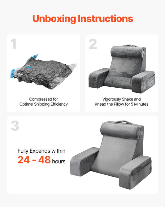 Ergonomic Grey Reading Pillow with Arm Support, Removable Headrest, 3 Storage Pockets, and 25D Sponge for Bed, Gaming, Working Comfort