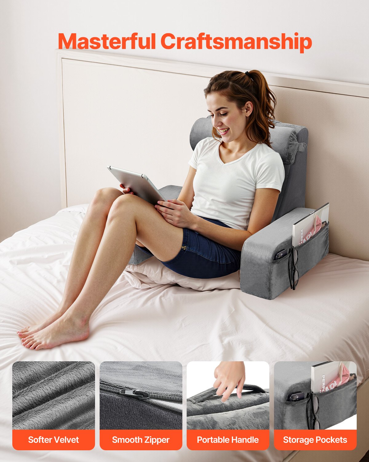 Ergonomic Grey Reading Pillow with Arm Support, Removable Headrest, 3 Storage Pockets, and 25D Sponge for Bed, Gaming, Working Comfort