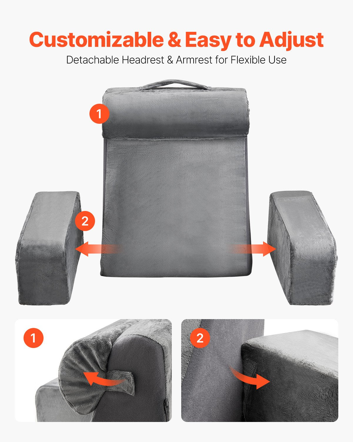 Ergonomic Grey Reading Pillow with Arm Support, Removable Headrest, 3 Storage Pockets, and 25D Sponge for Bed, Gaming, Working Comfort