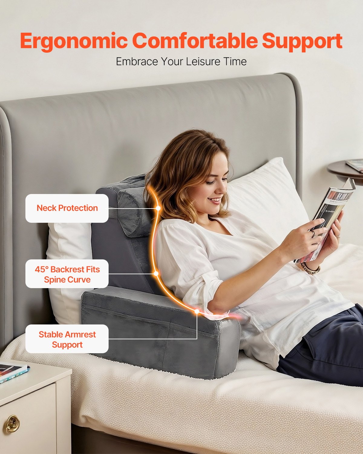 Ergonomic Grey Reading Pillow with Arm Support, Removable Headrest, 3 Storage Pockets, and 25D Sponge for Bed, Gaming, Working Comfort