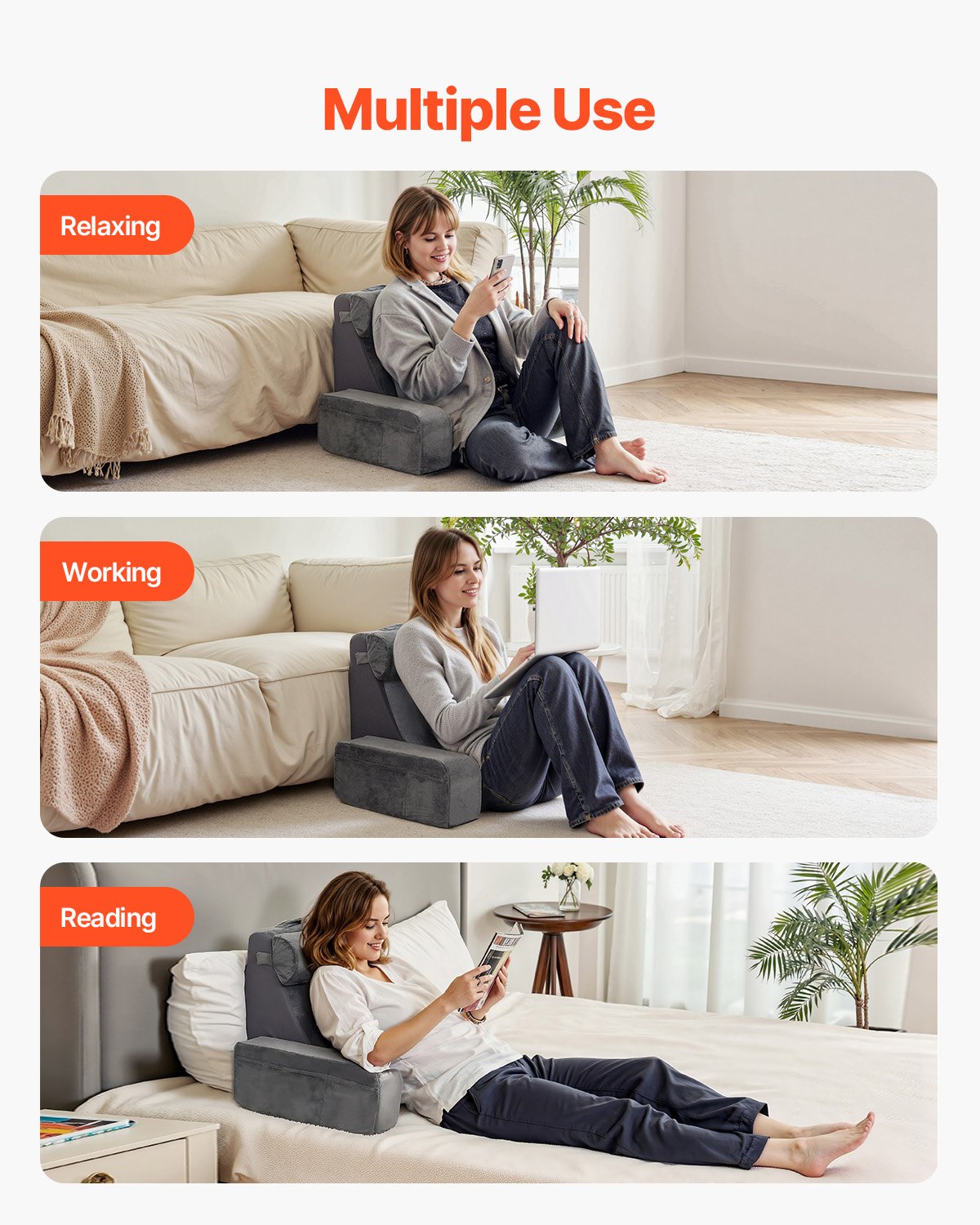 Ergonomic Grey Reading Pillow with Arm Support, Removable Headrest, 3 Storage Pockets, and 25D Sponge for Bed, Gaming, Working Comfort