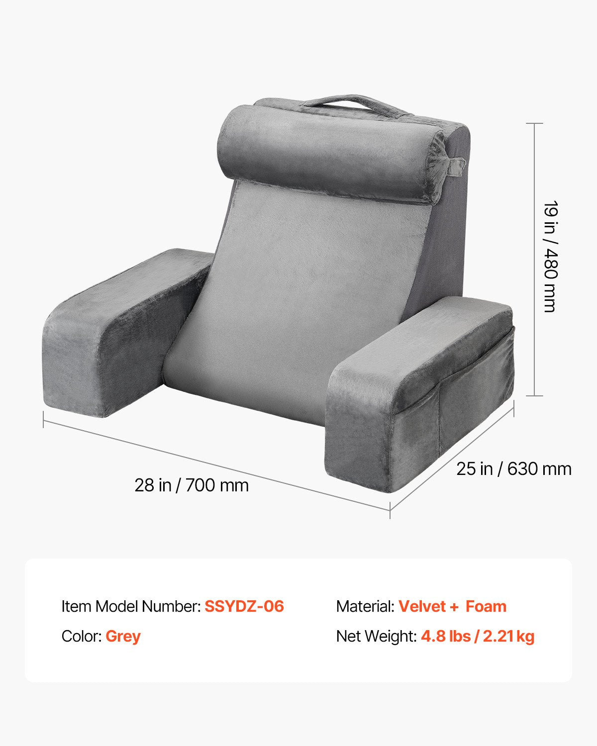 Ergonomic Grey Reading Pillow with Arm Support, Removable Headrest, 3 Storage Pockets, and 25D Sponge for Bed, Gaming, Working Comfort