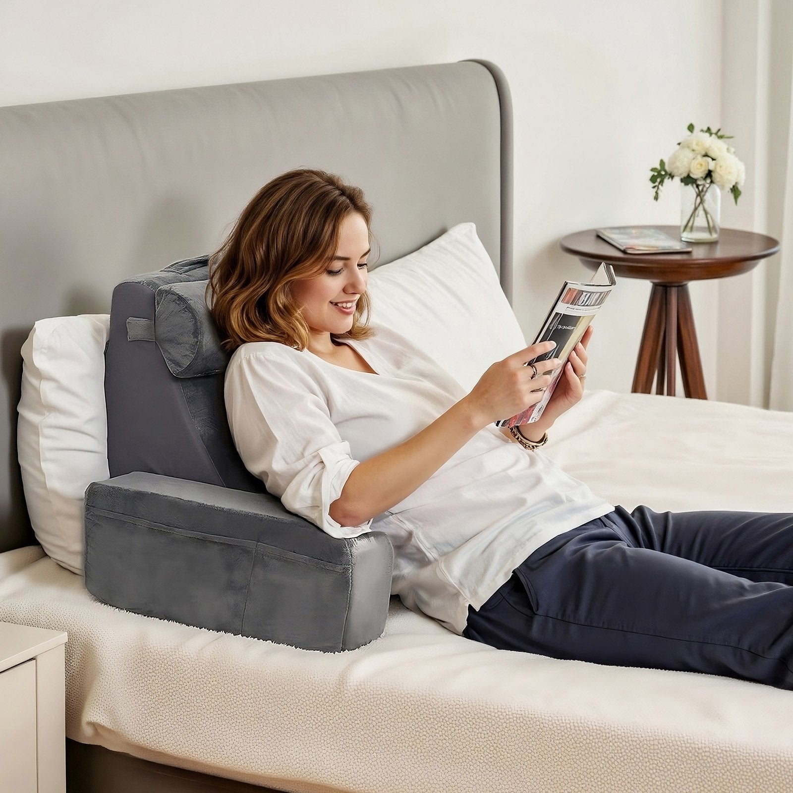 Ergonomic Grey Reading Pillow with Arm Support, Removable Headrest, 3 Storage Pockets, and 25D Sponge for Bed, Gaming, Working Comfort